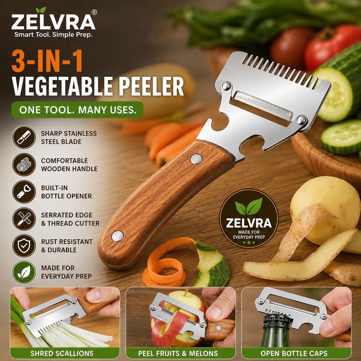 2-Piece Multifunctional Vegetable Peeler, Heavy Duty Stainless Steel Blade with Ergonomic Wooden Handle, 3-in-1 Kitchen Tool, Potato Peeler, Fruit Peeler, Scallion Shredder & Built-in Bottle Opener - Image 3