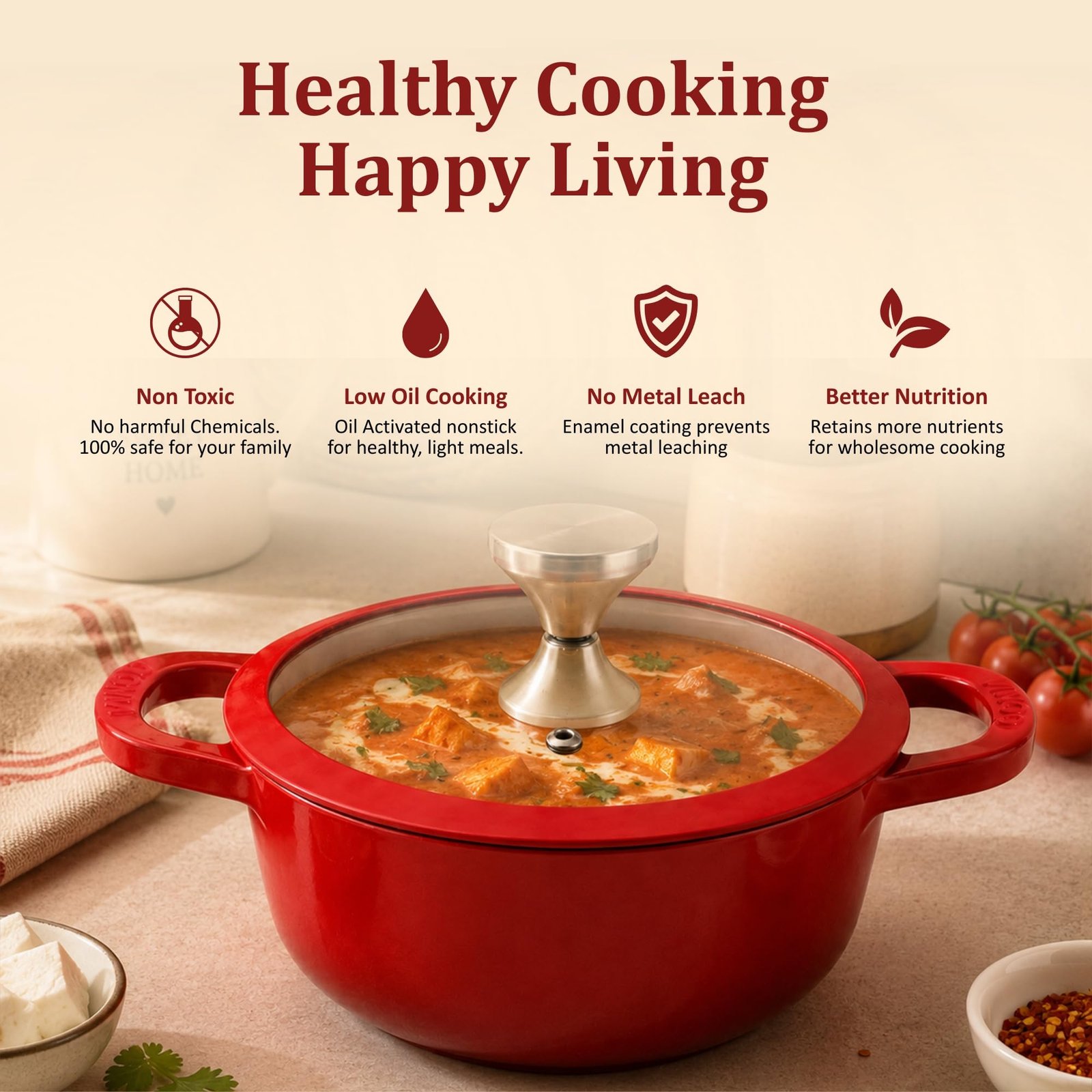 Vinod Freya Cast Iron Saucepot with Glass Lid, 20cm 2L | Enameled Casserole & Dutch Oven | TREON Technology | Iron-Rich Handi for Biryani, Mutton Curry & Pulao | Induction & Gas Compatible Cooking Pot - Image 5