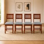 Solid Sheesham Wood Dining Chair Set of 4 | Wooden Dining Chairs Only with Grey Cushioned Seat | Modern Chairs Set for Dining Room, Living Room, Study Room, Kitchen, Home & Office | Honey Finish