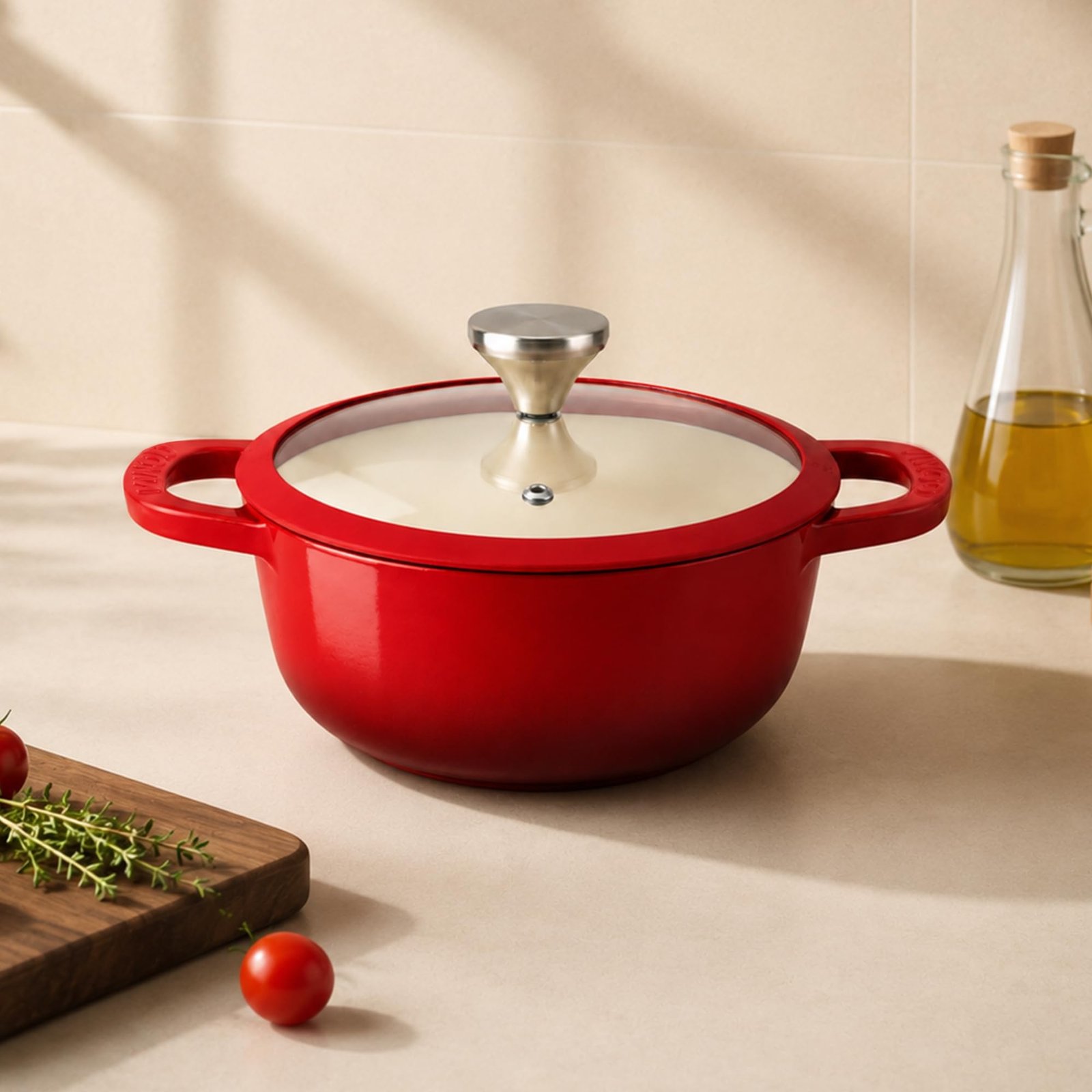 Vinod Freya Cast Iron Saucepot with Glass Lid, 20cm 2L | Enameled Casserole & Dutch Oven | TREON Technology | Iron-Rich Handi for Biryani, Mutton Curry & Pulao | Induction & Gas Compatible Cooking Pot - Image 9