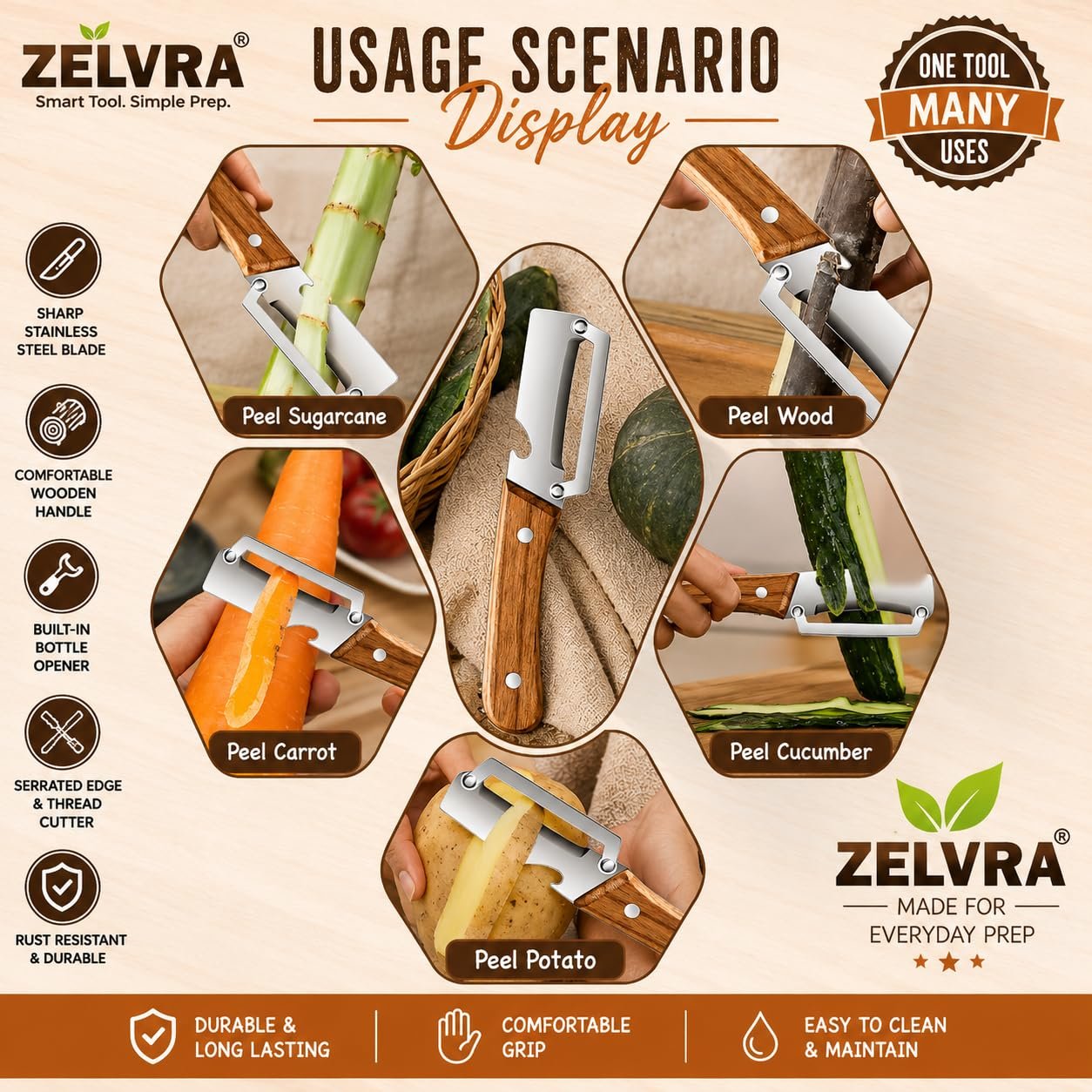 2-Piece Multifunctional Vegetable Peeler, Heavy Duty Stainless Steel Blade with Ergonomic Wooden Handle, 3-in-1 Kitchen Tool, Potato Peeler, Fruit Peeler, Scallion Shredder & Built-in Bottle Opener - Image 4