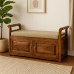 WOODMAZE Sheesham Wood 2 Seater Bench for Living Room |Wooden Settee for Entryway| Dining Bench with Cushion & 2 Door Cabinet Storage for Home | Two Seater Sofa Couch for Hall |(114L*44W*61H CM)