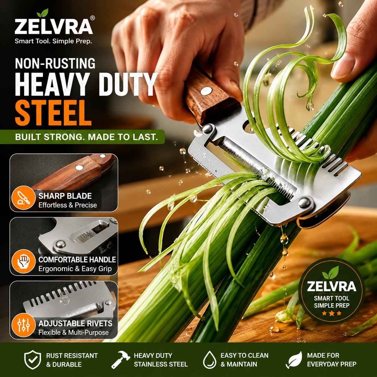 2-Piece Multifunctional Vegetable Peeler, Heavy Duty Stainless Steel Blade with Ergonomic Wooden Handle, 3-in-1 Kitchen Tool, Potato Peeler, Fruit Peeler, Scallion Shredder & Built-in Bottle Opener - Image 5