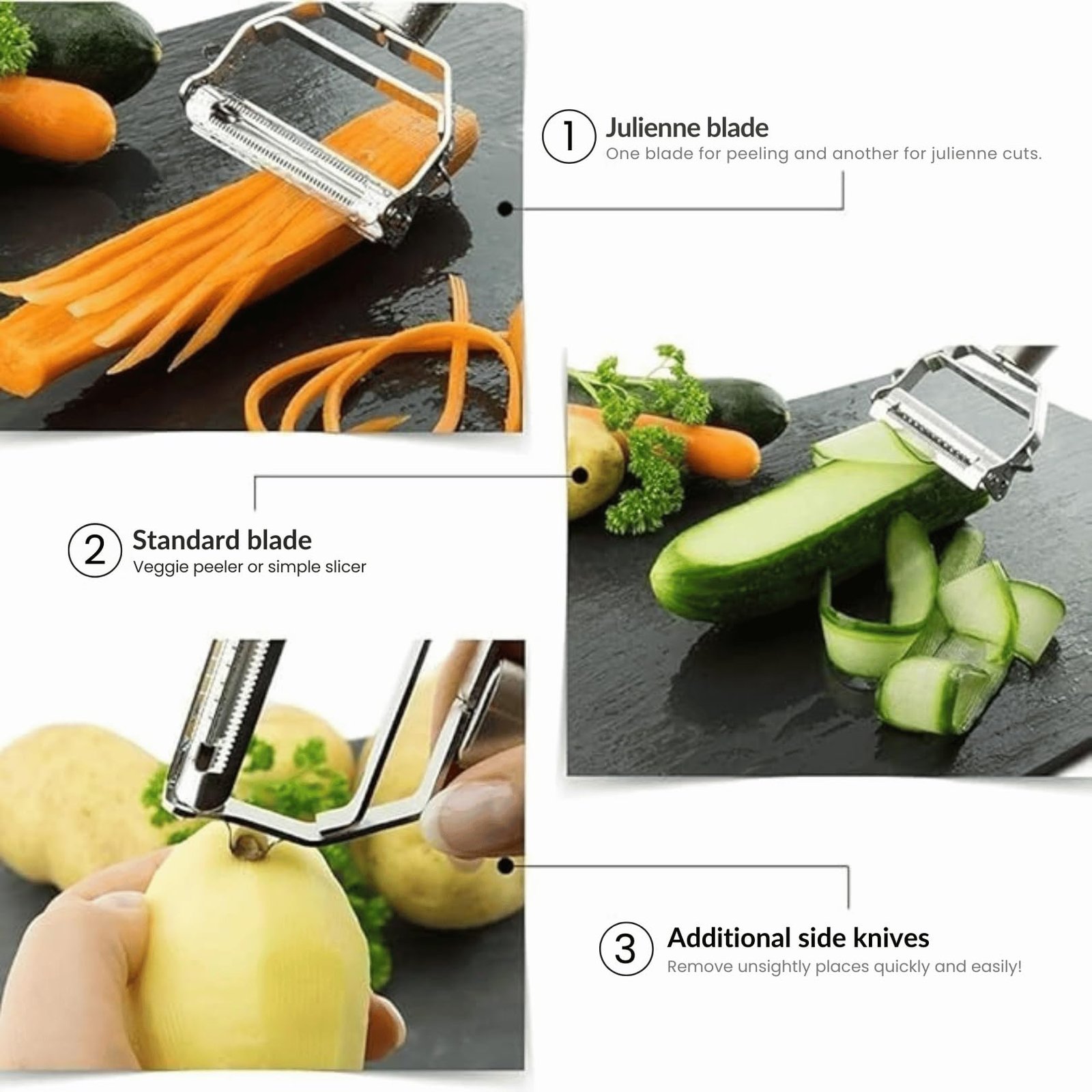 Go Store 2 in 1 Stainless Steel Julienne Vegetable Peeler Multi-Functional Fruit & Veggie Shredder Slicer and Grater for Potatoes, Carrots, Cucumbers (Silver, 18 x 8.2 x 2.3 cm) - Image 5