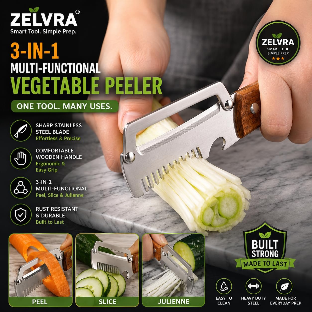 2-Piece Multifunctional Vegetable Peeler, Heavy Duty Stainless Steel Blade with Ergonomic Wooden Handle, 3-in-1 Kitchen Tool, Potato Peeler, Fruit Peeler, Scallion Shredder & Built-in Bottle Opener - Image 6