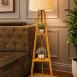 Modern Wooden Triangle Floor Lamp with Shelves – 3-Tier Standing Lamp with Fabric Shade, Corner Shelf Light for Living Room, Bedroom, Study – Space Saving Decorative Lamp with Plant Stand...