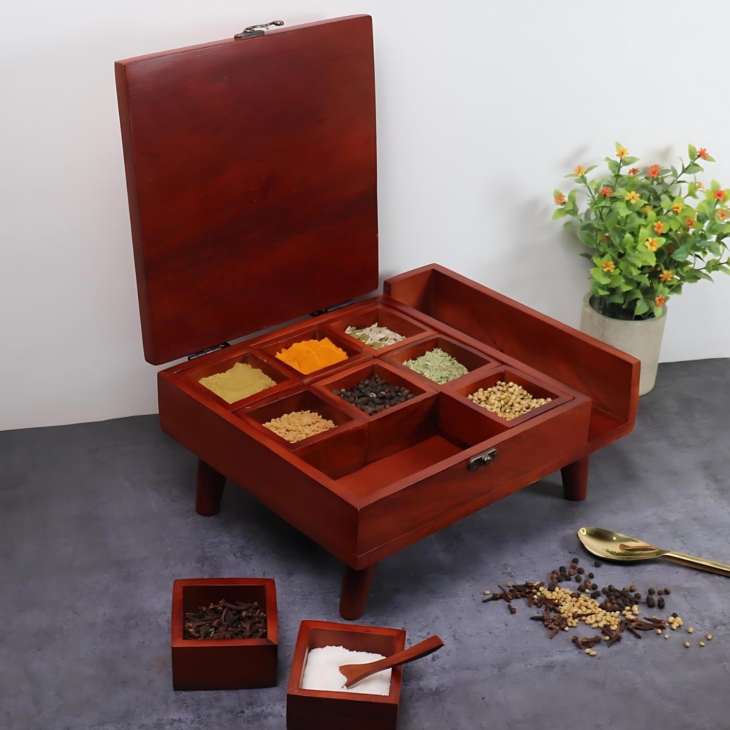 Loosebucket®Handcrafted Rani Wooden Spice Box in 9 partitions with Legs, Masala Box for Kitchen, Spice Storage Box with Printed Top for Kitchen, Masala Spices Storage Containers, 1 Pc - Orange - Image 6