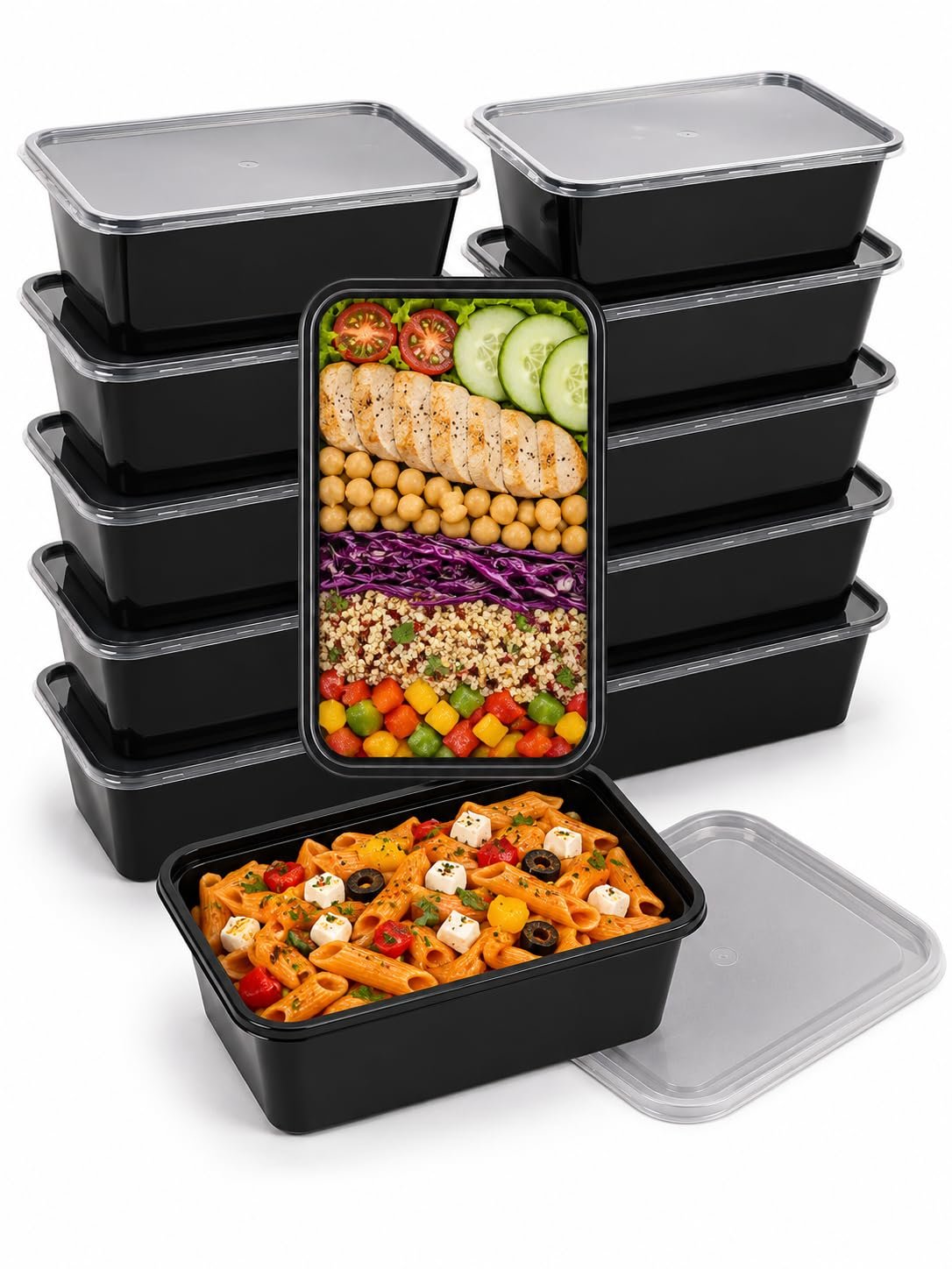 JJHOMELINE 750 ml, 15 Count, Rectangle, Black Reusable Plastic Food Storage Containers with Lid | Airtight, Microwave Safe Containers | Perfect for Meal Prep, Storage, Takeaway & Food Delivery