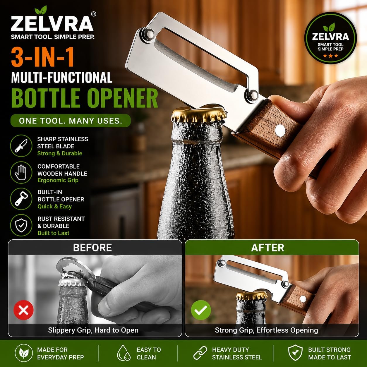 2-Piece Multifunctional Vegetable Peeler, Heavy Duty Stainless Steel Blade with Ergonomic Wooden Handle, 3-in-1 Kitchen Tool, Potato Peeler, Fruit Peeler, Scallion Shredder & Built-in Bottle Opener - Image 7
