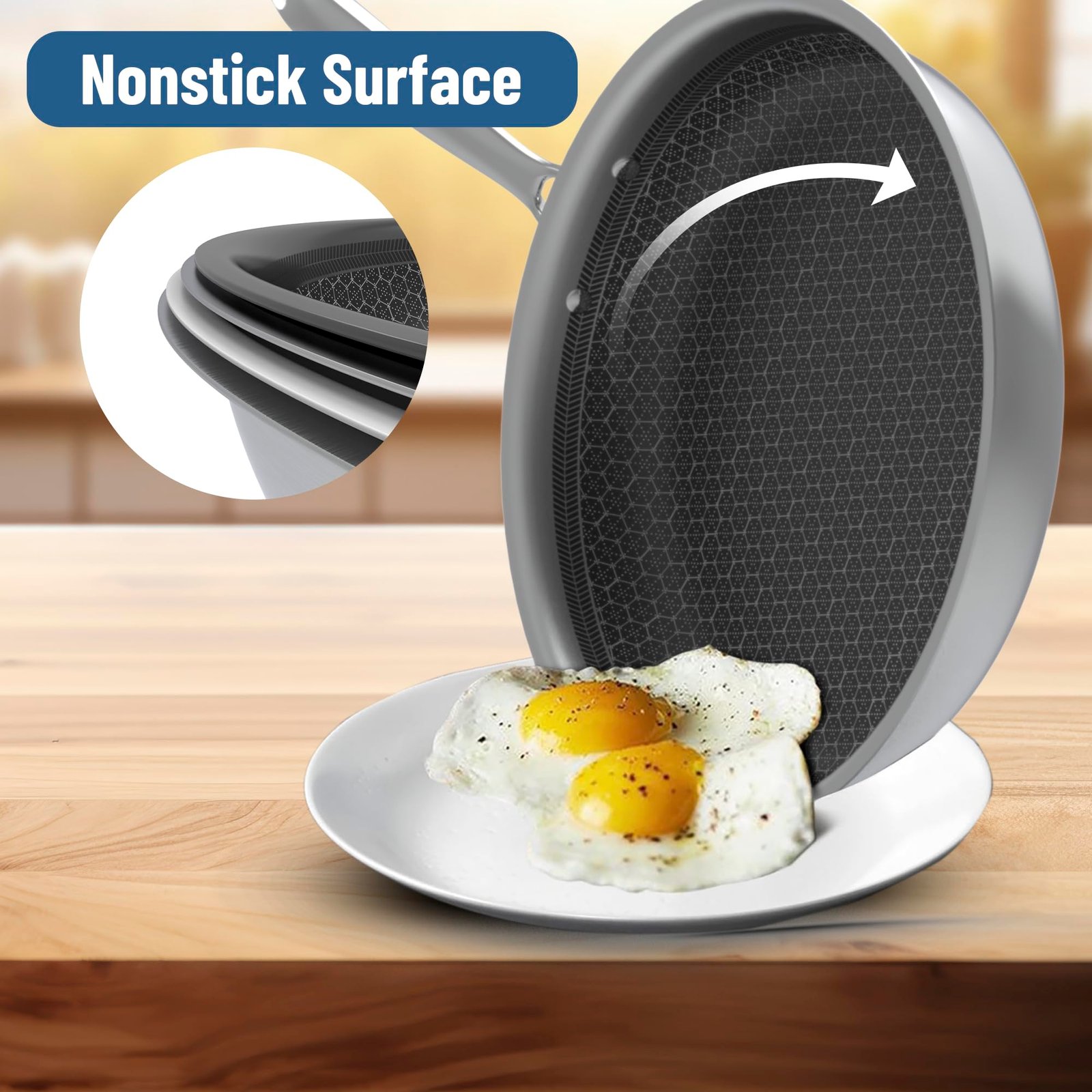Esspy who understand excellence Hy-Tech Triply Frying Pan | 26 cm/2.3 L | Honeycomb Pattern Fry Pan | Gas & Induction Compatible | Non Stick | Metal Spoon Friendly | Stainless Steel Pan - Image 7