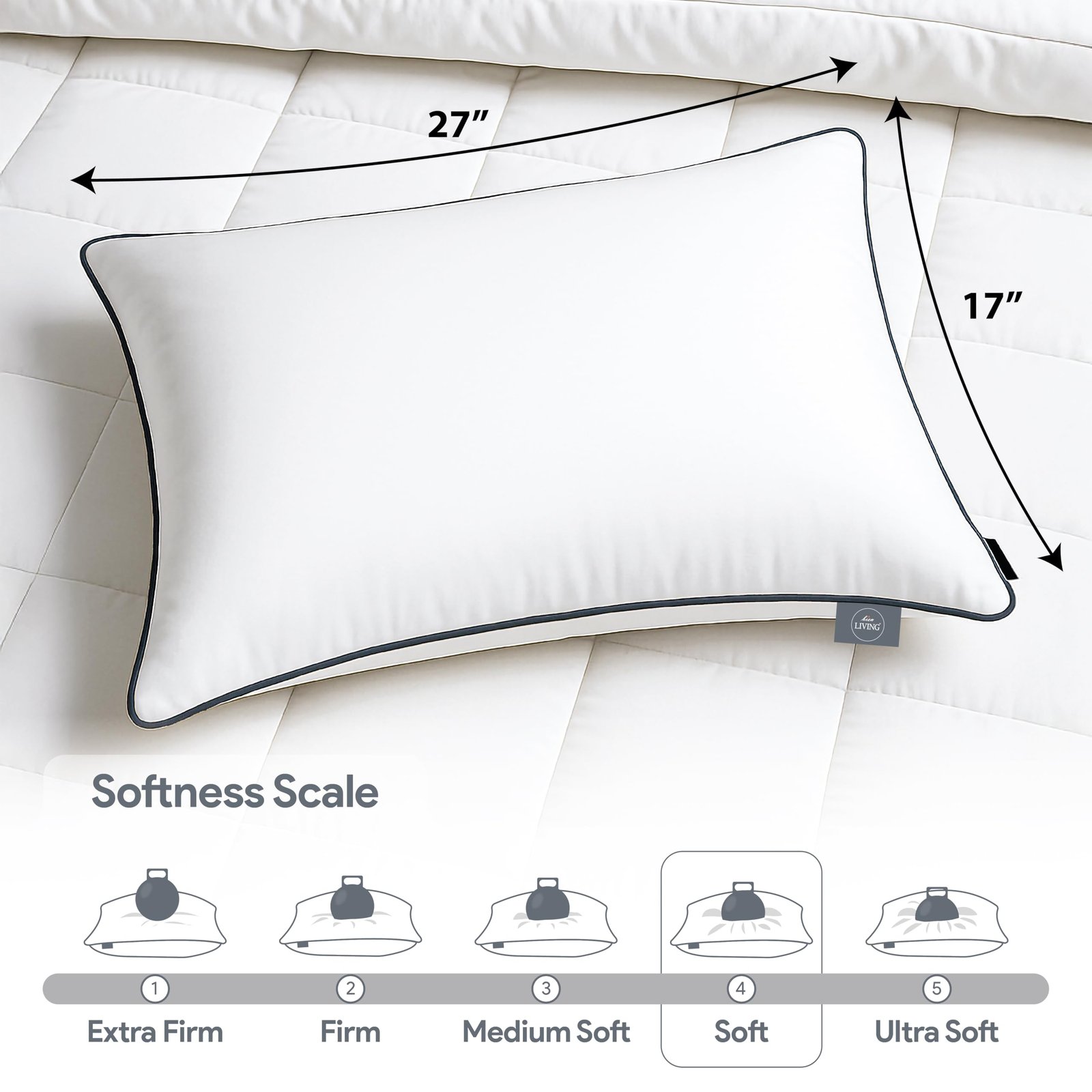 bien LIVING Extra Soft Microfiber Filled Plush Pillow, Down Alternative Hypoallergenic Pillow, 17 x 27 Inches, White (Pack of 2) - Image 3