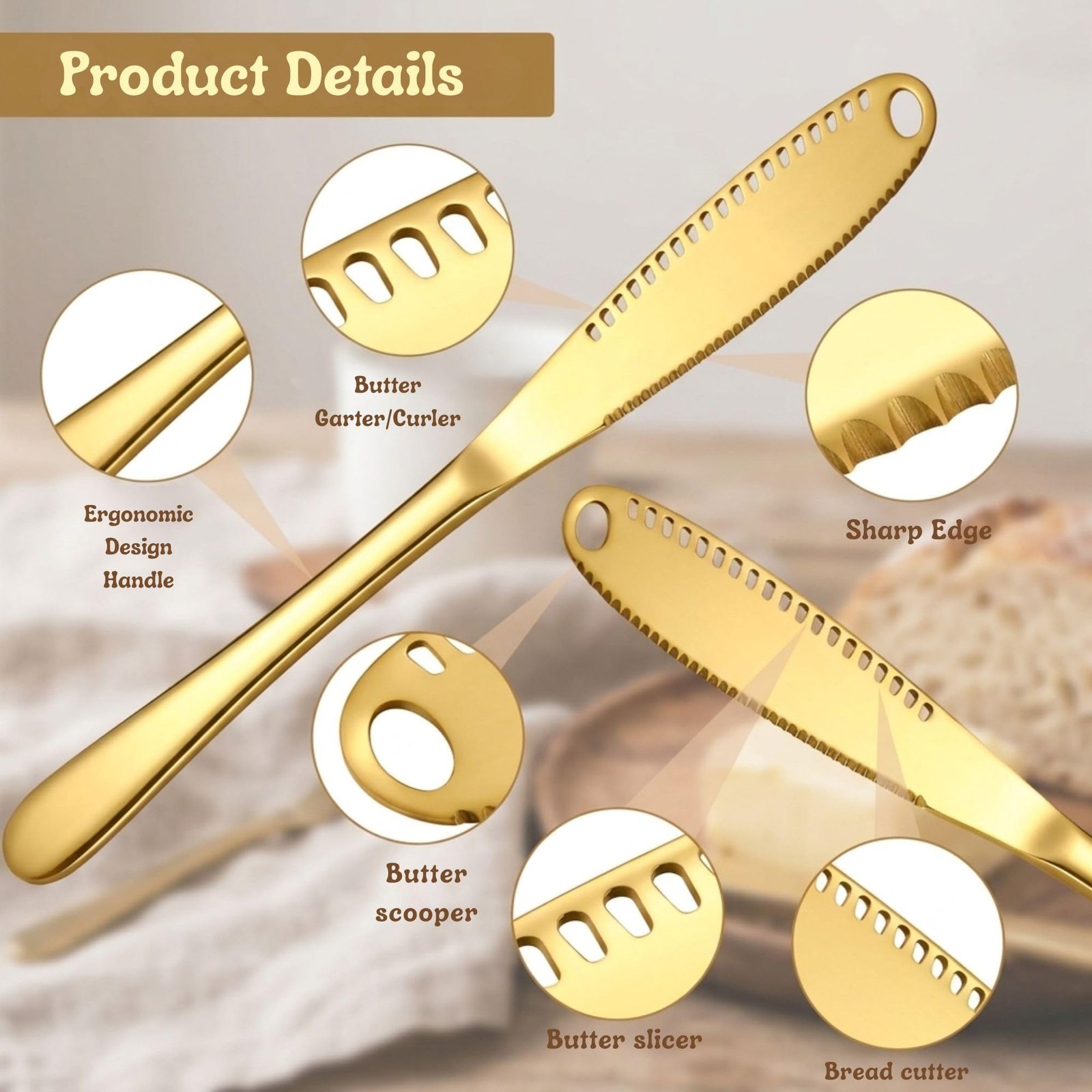 Hian Stainless Steel 3-in-1 Butter Spreader Knife with Serrated Edge and Curling Holes, Cold Butter Slicer for Bread, Toast, Cheese and Jam, Multipurpose Kitchen Spreader (Gold,Pack of 2) - Image 4