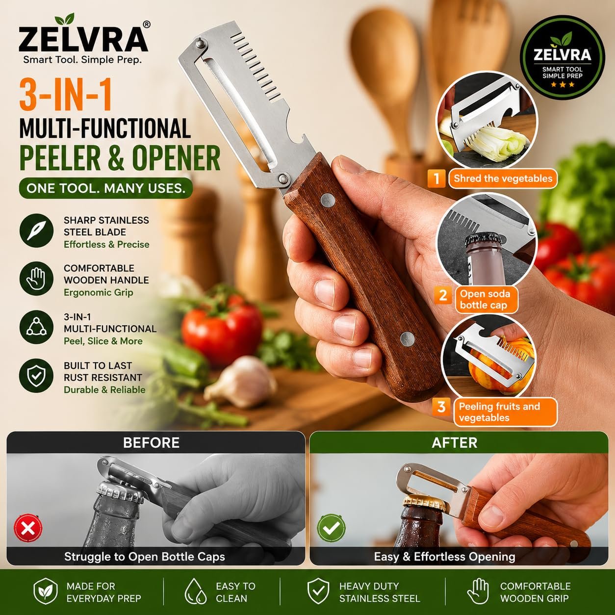 2-Piece Multifunctional Vegetable Peeler, Heavy Duty Stainless Steel Blade with Ergonomic Wooden Handle, 3-in-1 Kitchen Tool, Potato Peeler, Fruit Peeler, Scallion Shredder & Built-in Bottle Opener - Image 8
