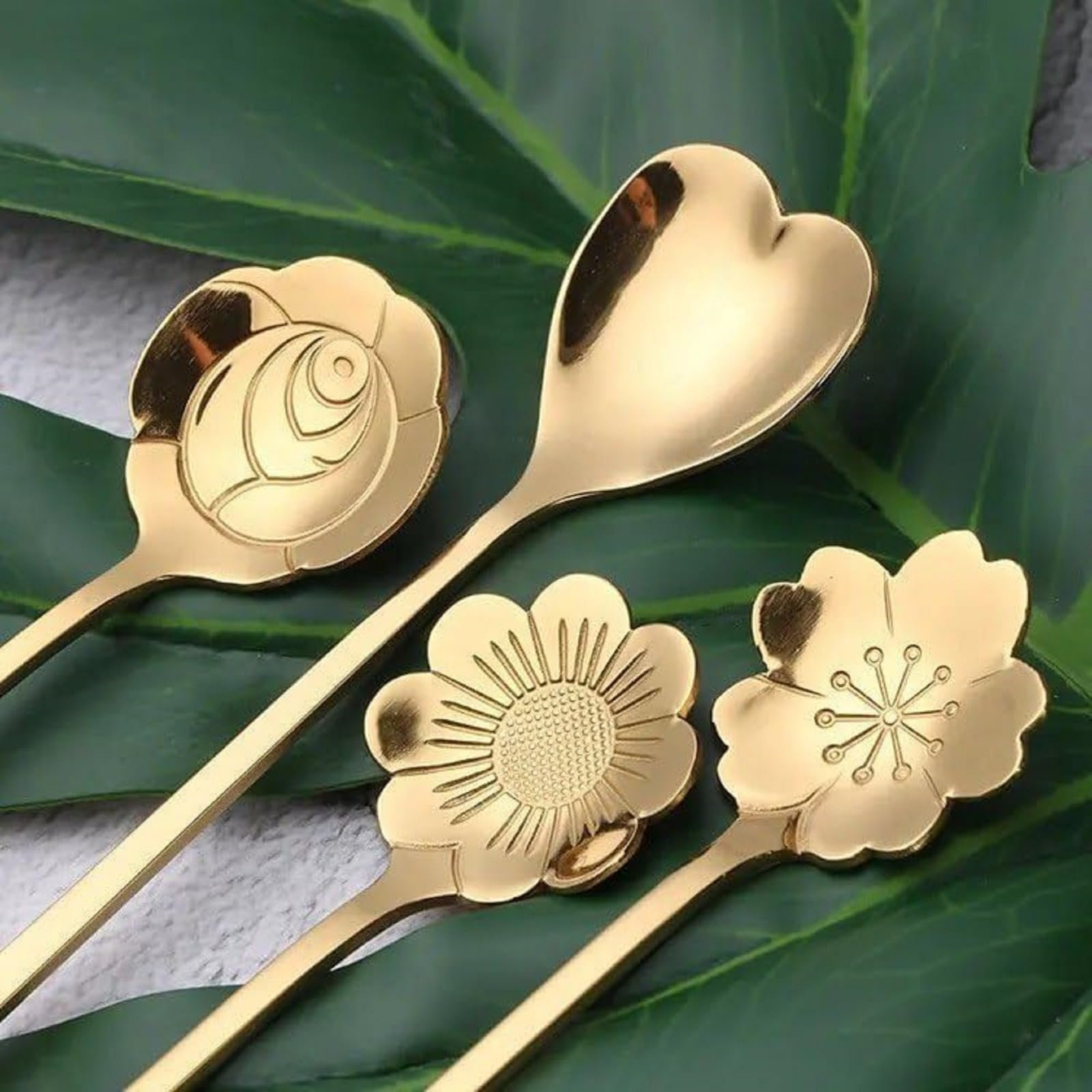 Golden Stainless Steel Coffee Spoon Set, Gold Dessert Spoons with Heart & Floral Design, Decorative Cutlery for Coffee, Tea, Ice Cream, Cake, Dessert, Kitchen Tableware & Gift Serving Set (12 Pcs) - Image 8