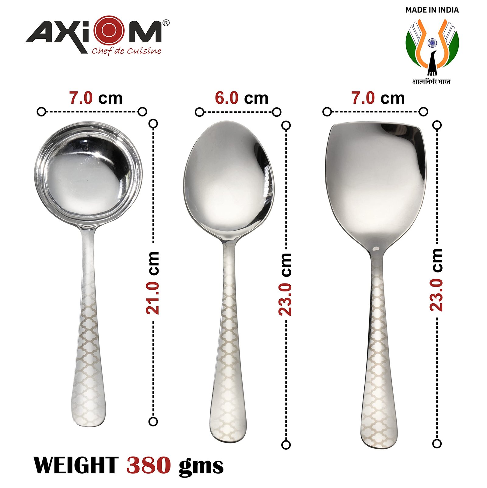 AXIOM Stainless Steel Serving Tools. 4 Pc Heavy Gauge Non-Stick Set Of 1 Soup Ladle (Karchi), 2 Solid Spoon (Chamcha) And 1 Rice Spoon For Serving Soup/Curry/Dal/Rice/Pasta. Laser Printed Neo ,27 Cm - Image 4