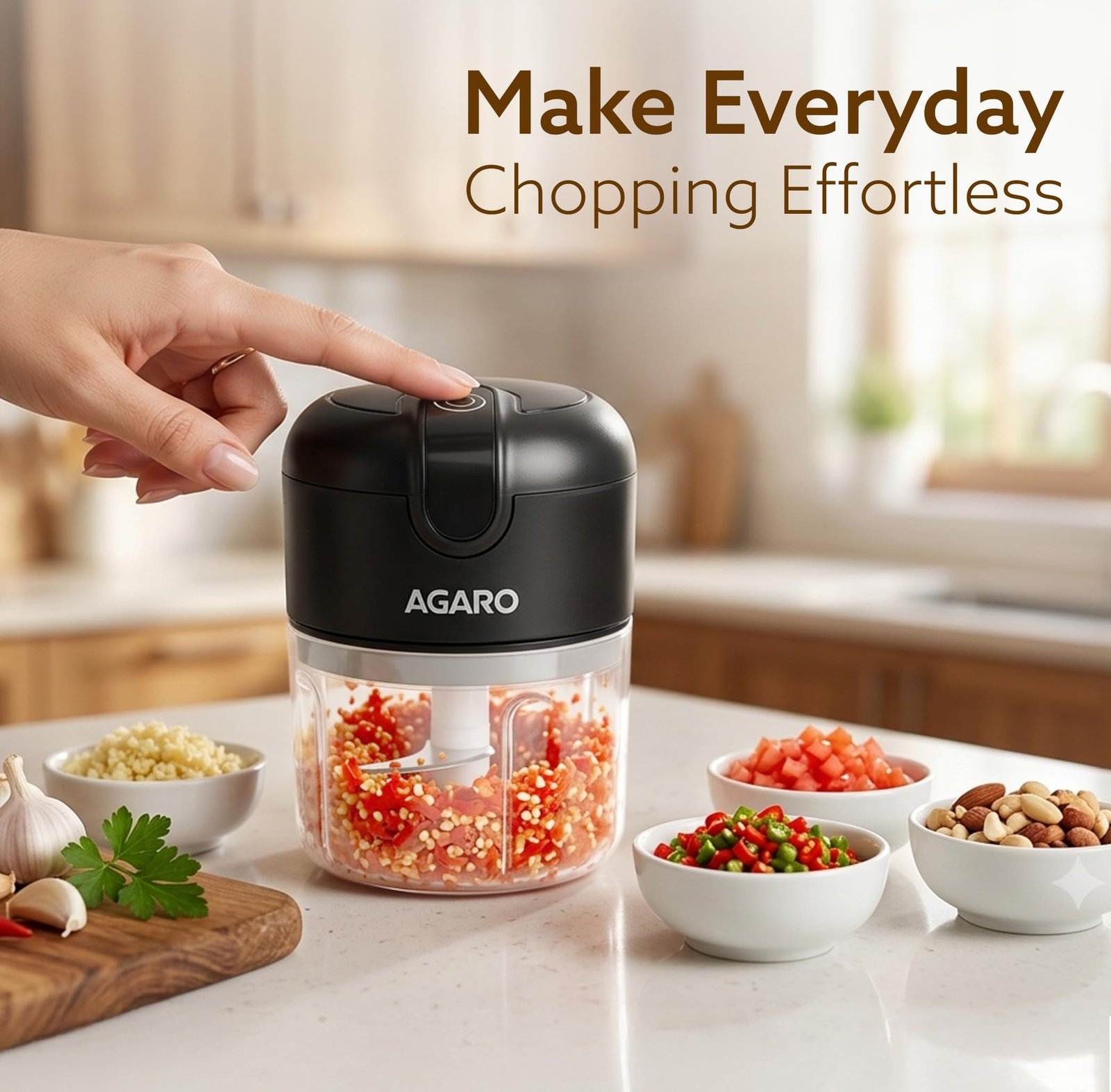 AGARO Elite Rechargeable Mini Electric Chopper, Food Grade Bowl, Stainless Steel Blades, Rechargeable, One Touch Operation, for Chopping Garlic, Ginger, Onion, Vegetable, Nuts, 250 Ml, Black - Image 3