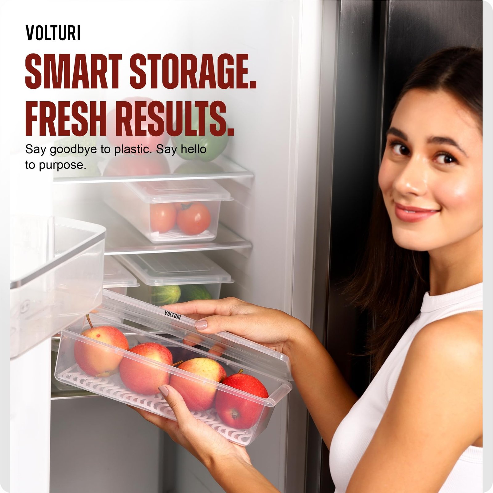 VOLTURI Fridge Storage Containers (Pack of 6), Fridge Organiser Storage Boxes with Removable Drain Plate, Fridge Organizer, Fridge Storage Box Kitchen Containers Keep Fruits Vegetables Fresher 1500 ML - Image 2