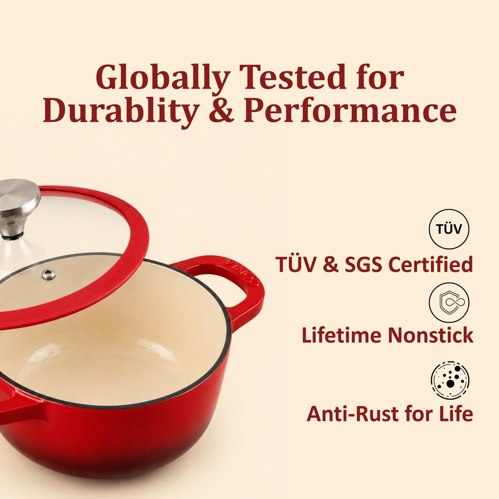 Vinod Freya Cast Iron Saucepot with Glass Lid, 20cm 2L | Enameled Casserole & Dutch Oven | TREON Technology | Iron-Rich Handi for Biryani, Mutton Curry & Pulao | Induction & Gas Compatible Cooking Pot - Image 6