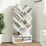 ABOUT SPACE Book Shelf for Home - 11 Tier Tree Shaped Book Rack for Study Room DIY Wooden Book Stand with Bottom Storage Space for Office, Livingroom, Bedroom (White - L 57 x B 21.5 x H 109 cm)