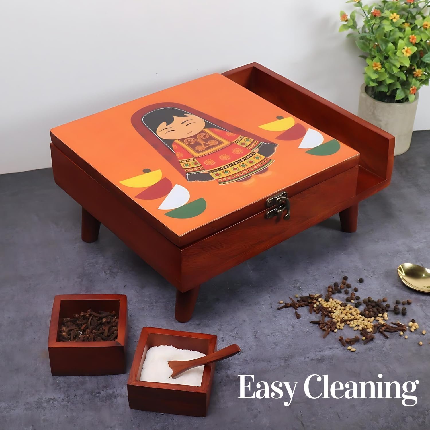Loosebucket®Handcrafted Rani Wooden Spice Box in 9 partitions with Legs, Masala Box for Kitchen, Spice Storage Box with Printed Top for Kitchen, Masala Spices Storage Containers, 1 Pc - Orange - Image 5
