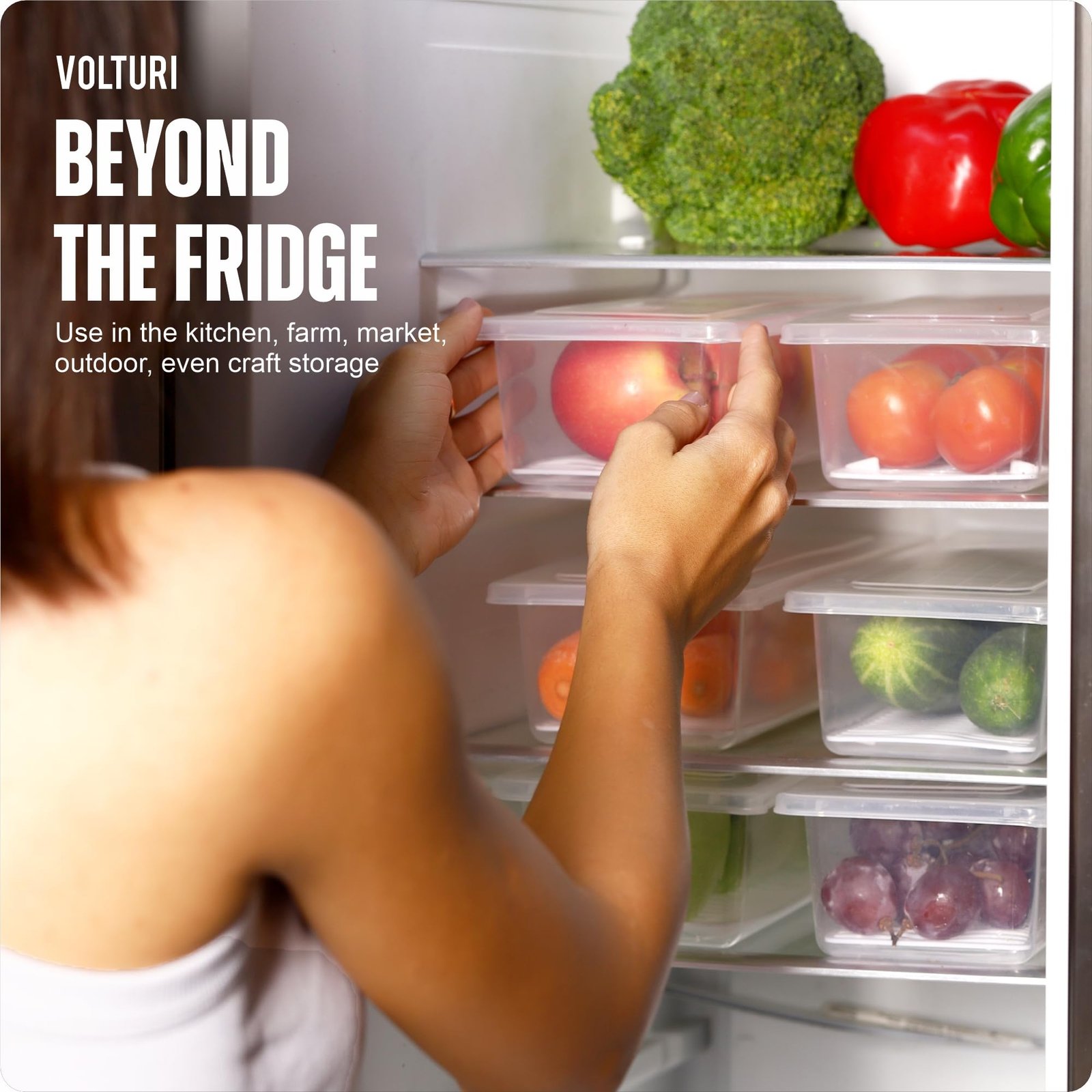 VOLTURI Fridge Storage Containers (Pack of 6), Fridge Organiser Storage Boxes with Removable Drain Plate, Fridge Organizer, Fridge Storage Box Kitchen Containers Keep Fruits Vegetables Fresher 1500 ML - Image 6