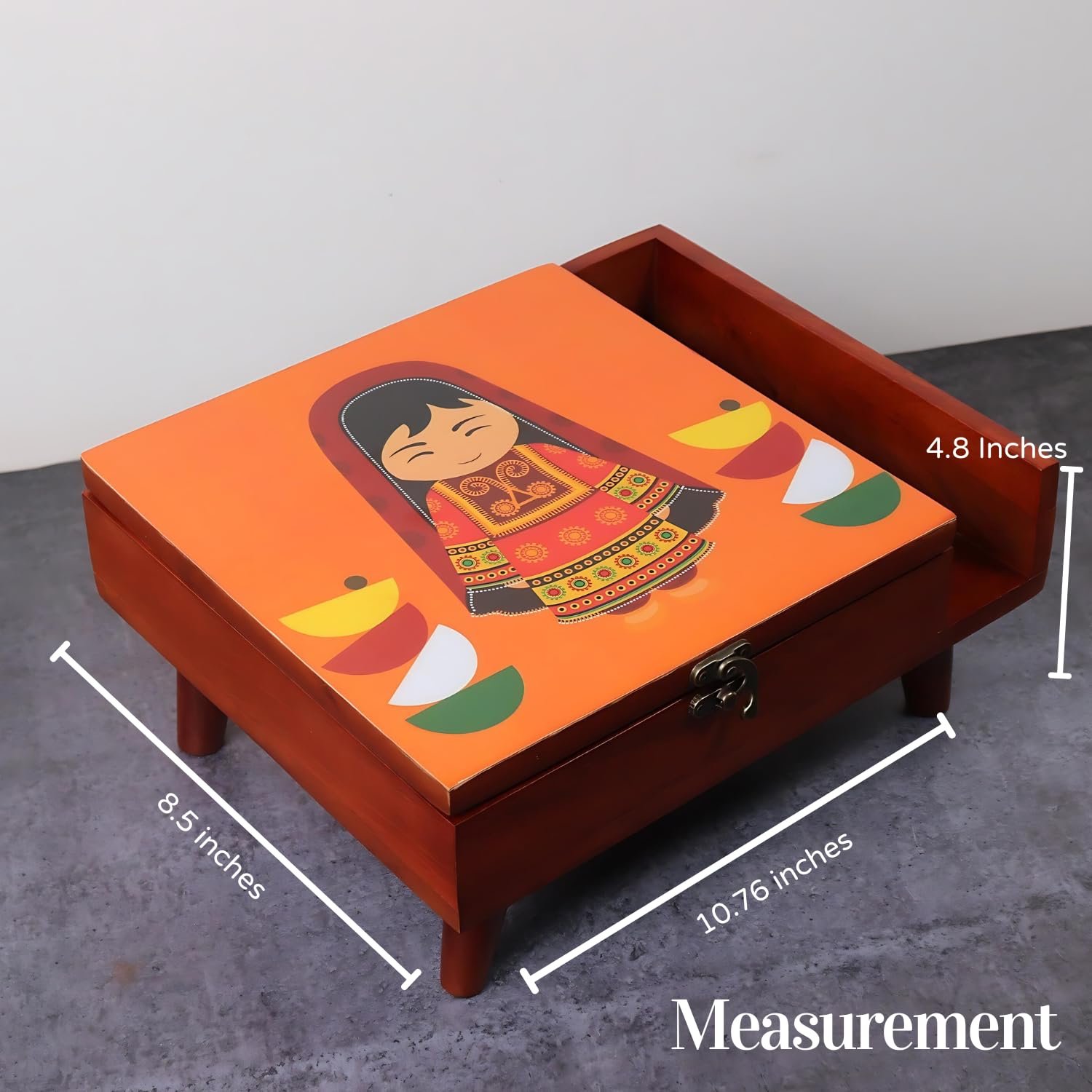 Loosebucket®Handcrafted Rani Wooden Spice Box in 9 partitions with Legs, Masala Box for Kitchen, Spice Storage Box with Printed Top for Kitchen, Masala Spices Storage Containers, 1 Pc - Orange - Image 8