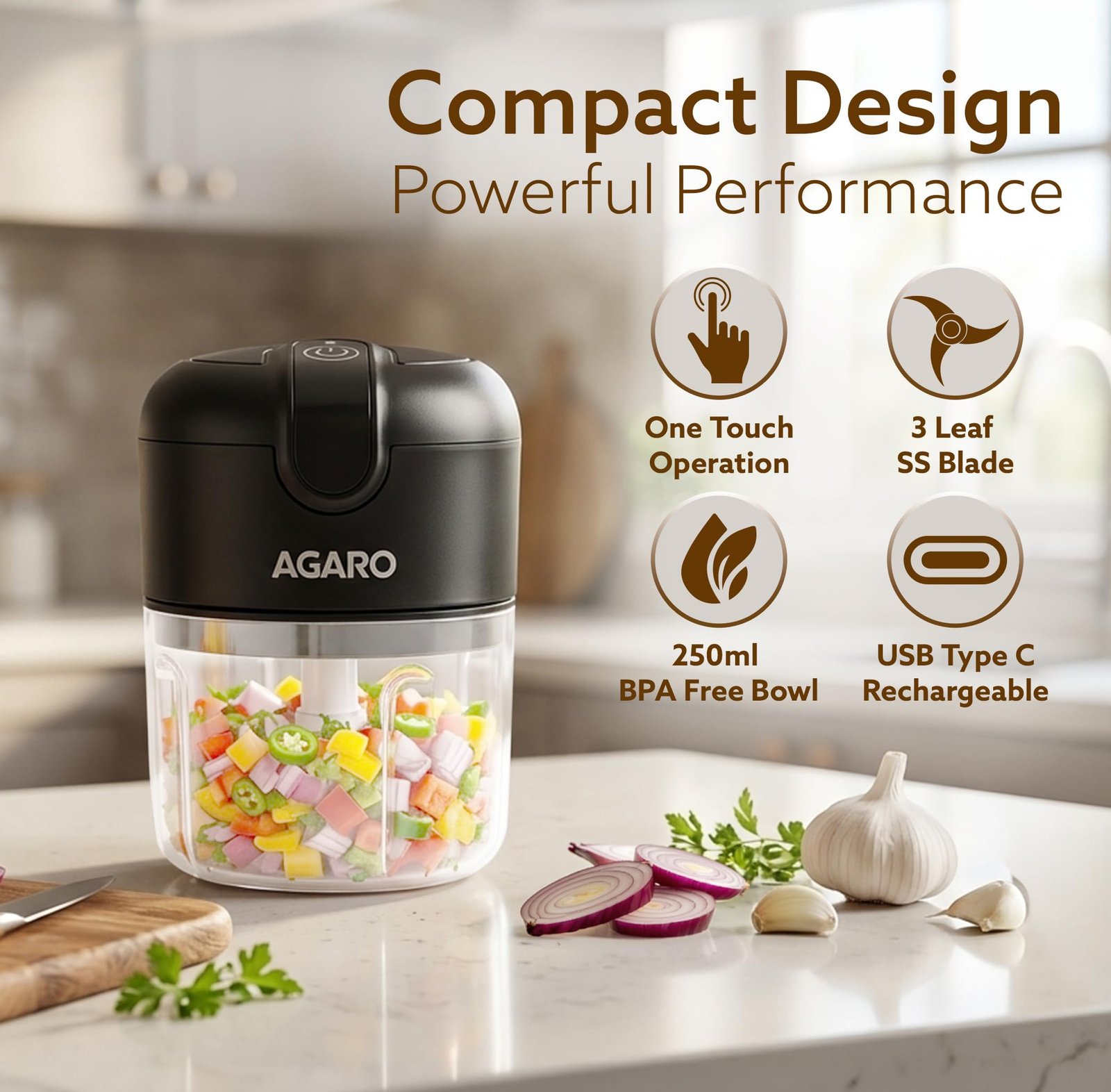 AGARO Elite Rechargeable Mini Electric Chopper, Food Grade Bowl, Stainless Steel Blades, Rechargeable, One Touch Operation, for Chopping Garlic, Ginger, Onion, Vegetable, Nuts, 250 Ml, Black - Image 2