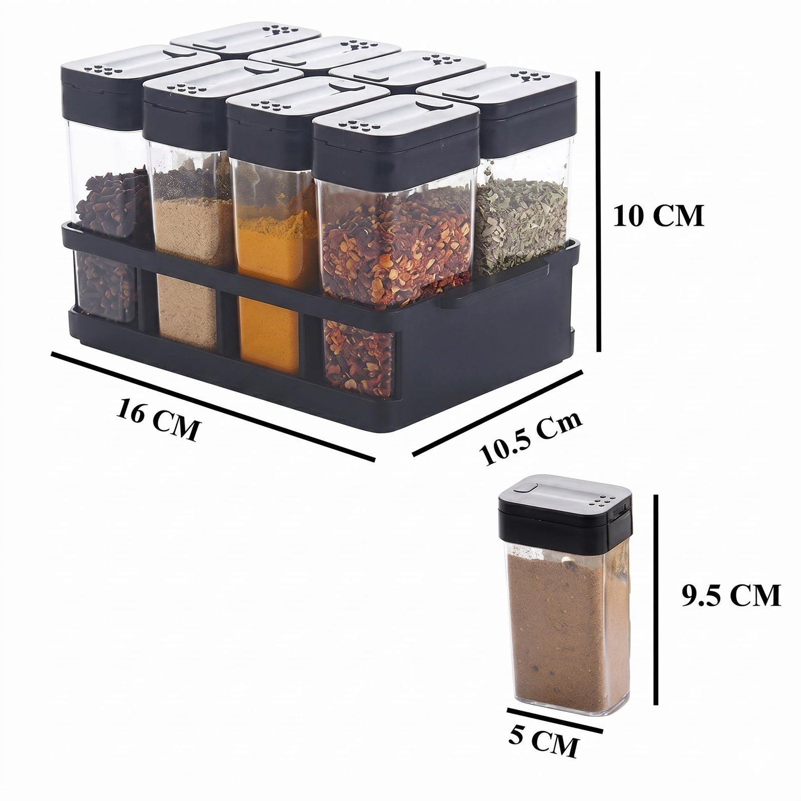 8 Pcs Airtight Masala Container Set with Tray, Black Spice Storage Jars for Kitchen, BPA-Free Food Grade Plastic Boxes, Transparent Small Organizer for Salt, Sugar, Dal & Seasonings - Image 3