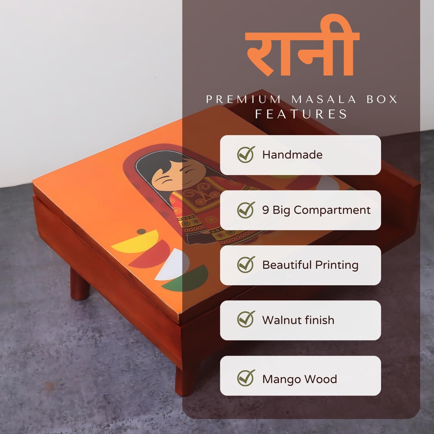 Loosebucket®Handcrafted Rani Wooden Spice Box in 9 partitions with Legs, Masala Box for Kitchen, Spice Storage Box with Printed Top for Kitchen, Masala Spices Storage Containers, 1 Pc - Orange - Image 4