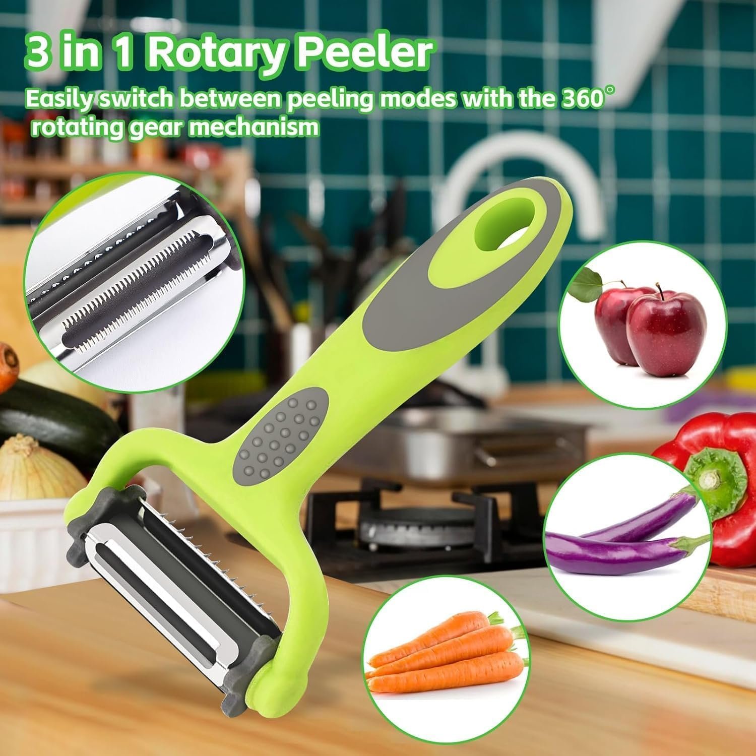 RYBTB Xfilm 3-in-1 Rotary Multifunctional Vegetable and Fruit Peeler with Stainless Steel Blades | Smart Kitchen Slicer & Julienne Cutter with Non-Slip Grip - Image 3