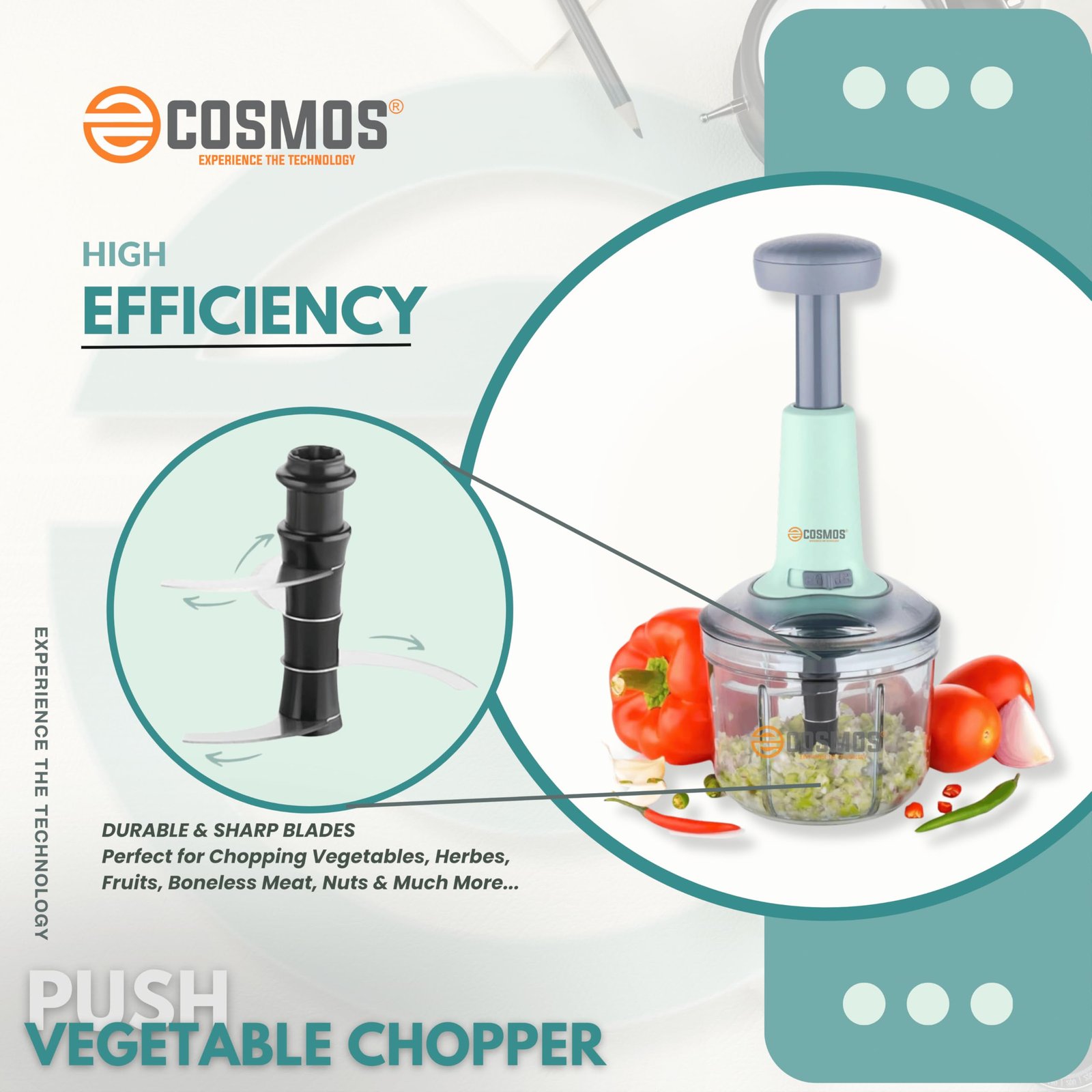 E-COSMOSĀ® Food Chopper 900ml, 4 Blade Steel Large Manual Hand-Press Vegetable Chopper Mixer Cutter to Cut Onion, Salad, Tomato, Potato (Pack of 1) 900ml - Image 2