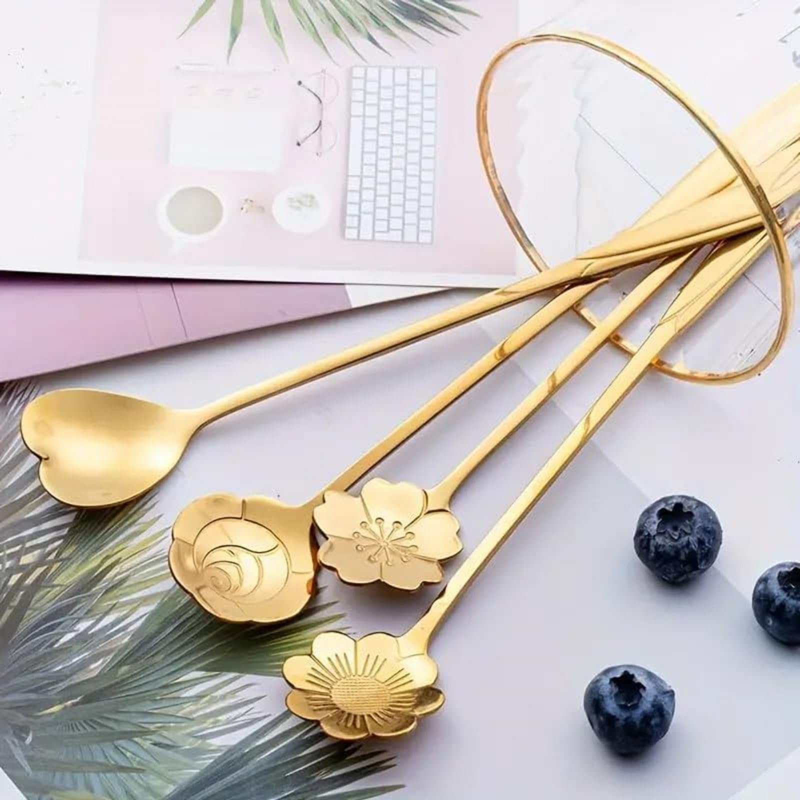 Golden Stainless Steel Coffee Spoon Set, Gold Dessert Spoons with Heart & Floral Design, Decorative Cutlery for Coffee, Tea, Ice Cream, Cake, Dessert, Kitchen Tableware & Gift Serving Set (12 Pcs) - Image 5