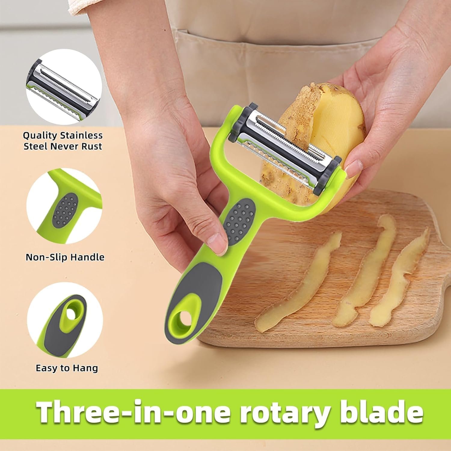 RYBTB Xfilm 3-in-1 Rotary Multifunctional Vegetable and Fruit Peeler with Stainless Steel Blades | Smart Kitchen Slicer & Julienne Cutter with Non-Slip Grip - Image 5