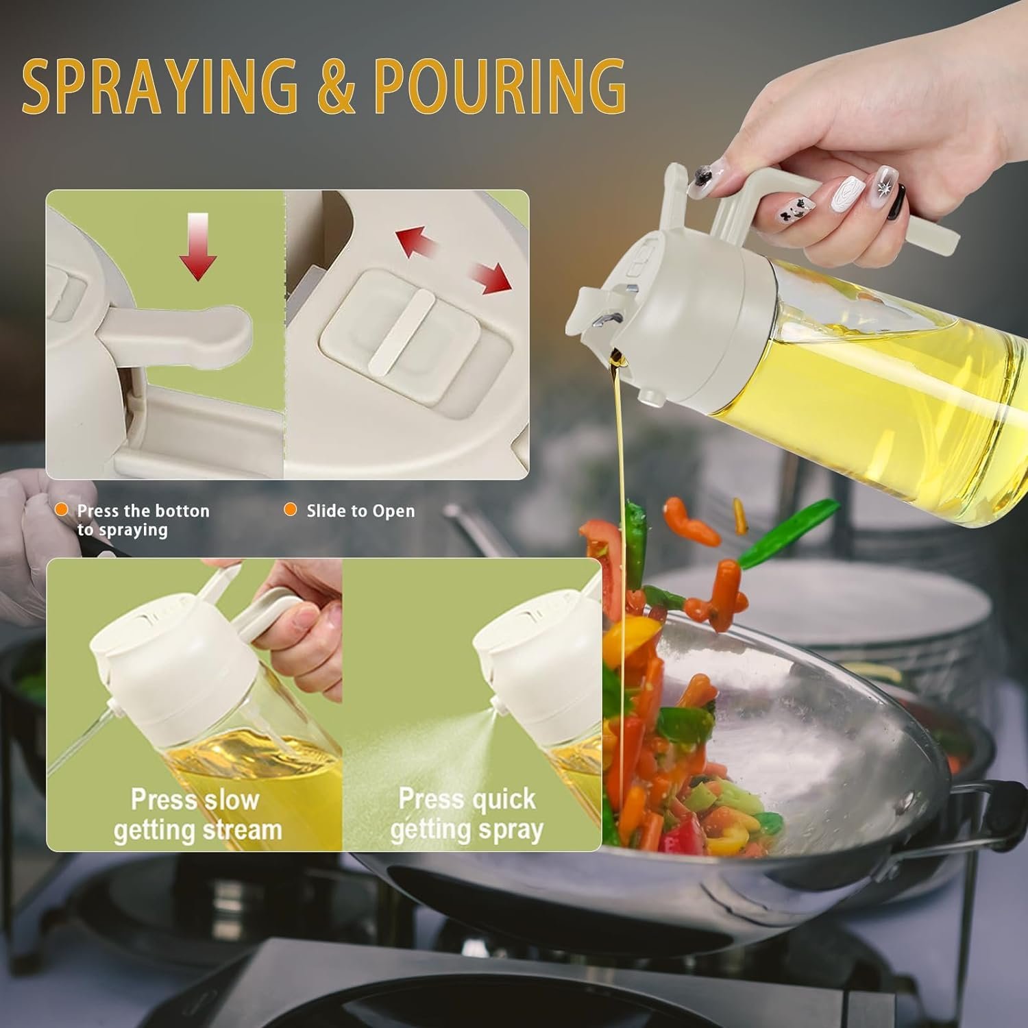 EPICSTACK 500ml 2 in 1 Olive Oil Sprayer and Oil Dispenser Bottle for Kitchen, Glass Oil Bottle with Premium Nozzle, Oil Sprayer for Air Fryer, Salad,BBQ,Roasting (Multi Color) (Pack of 1) - Image 5