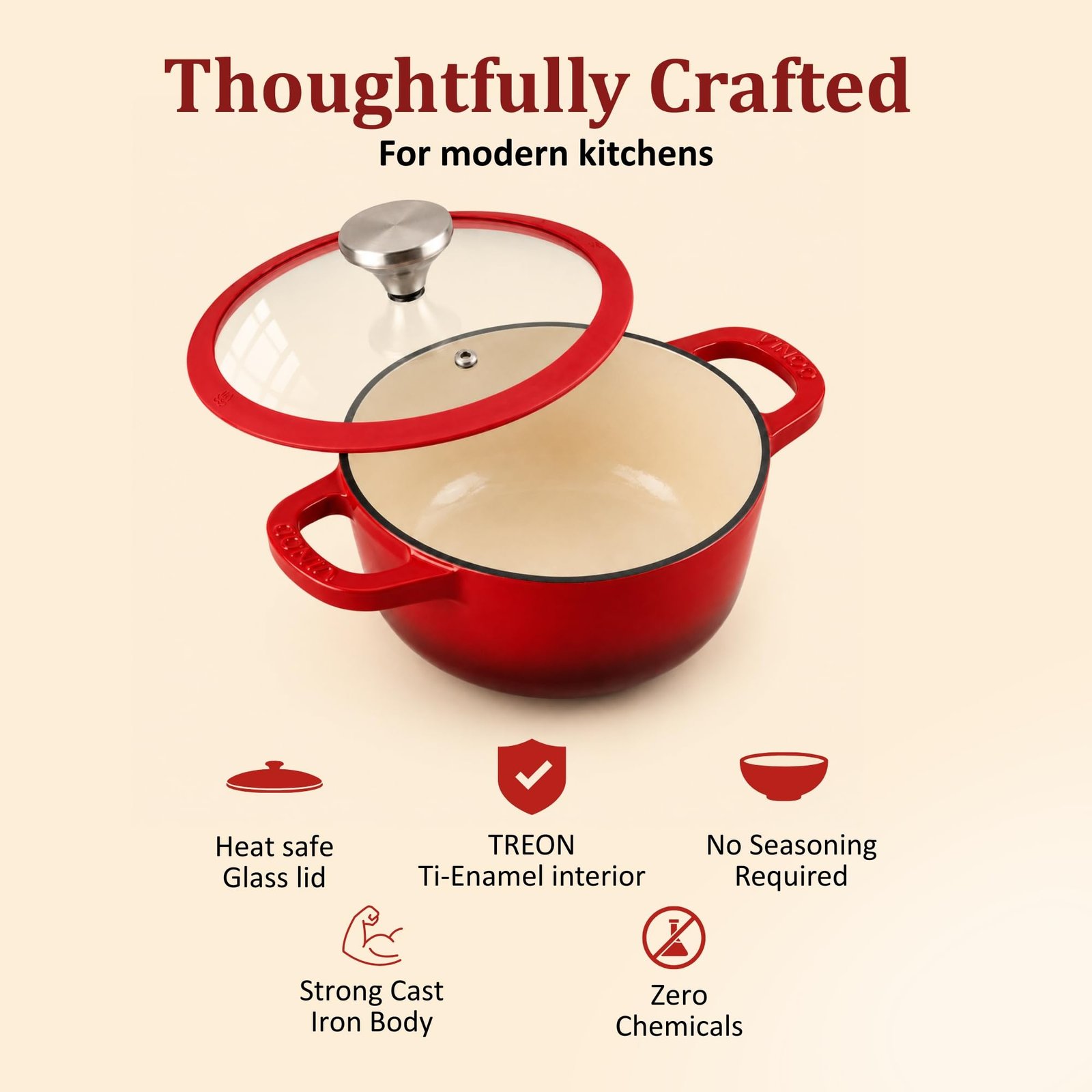 Vinod Freya Cast Iron Saucepot with Glass Lid, 20cm 2L | Enameled Casserole & Dutch Oven | TREON Technology | Iron-Rich Handi for Biryani, Mutton Curry & Pulao | Induction & Gas Compatible Cooking Pot - Image 4