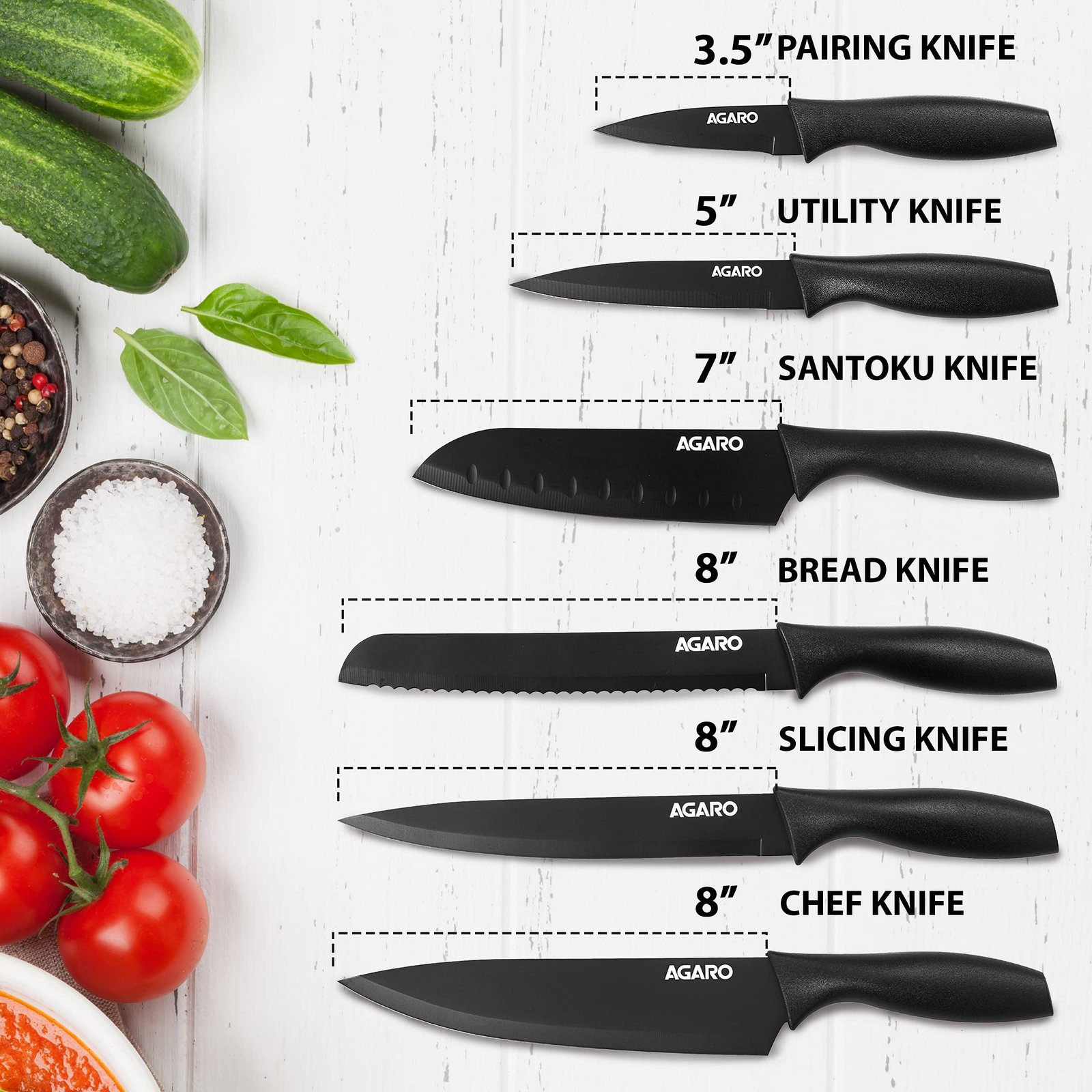 AGARO Royal 6 Pcs Kitchen Knife Set with Cover, High Carbon Stainless Steel Black Colour Coated Professional Chef Knife, Utility, Sontuku, Bread, Utility, Paring, for Home & Restaurant Use, Black - Image 2