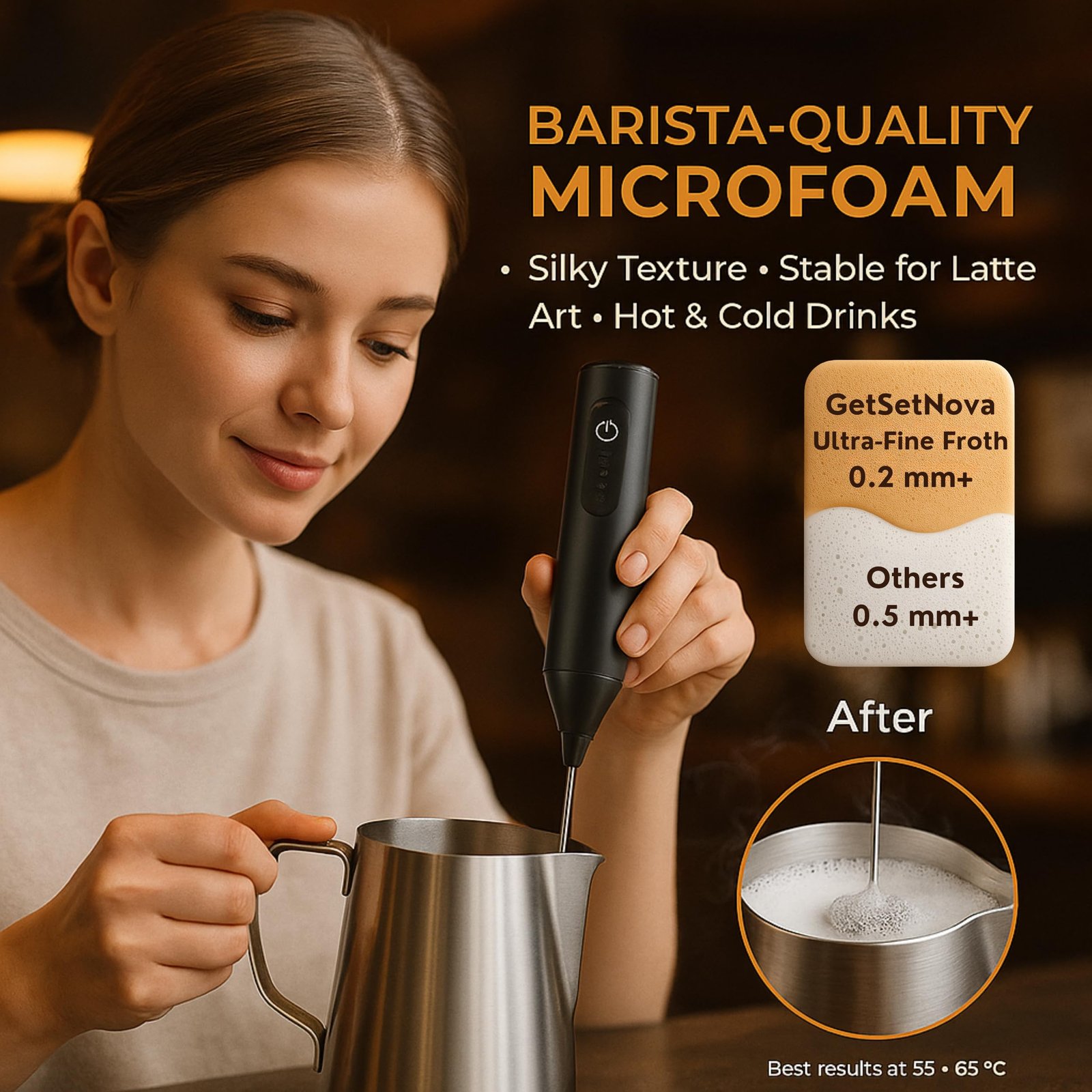 Nova Electric Milk Frother for Coffee - Rechargeable Coffee Frother, Beater, Blender & Mixer | Handheld Coffee Whisker for Cold Coffee, Latte & Cappuccino | Mini Coffee Maker Machine for Home (Black) - Image 2