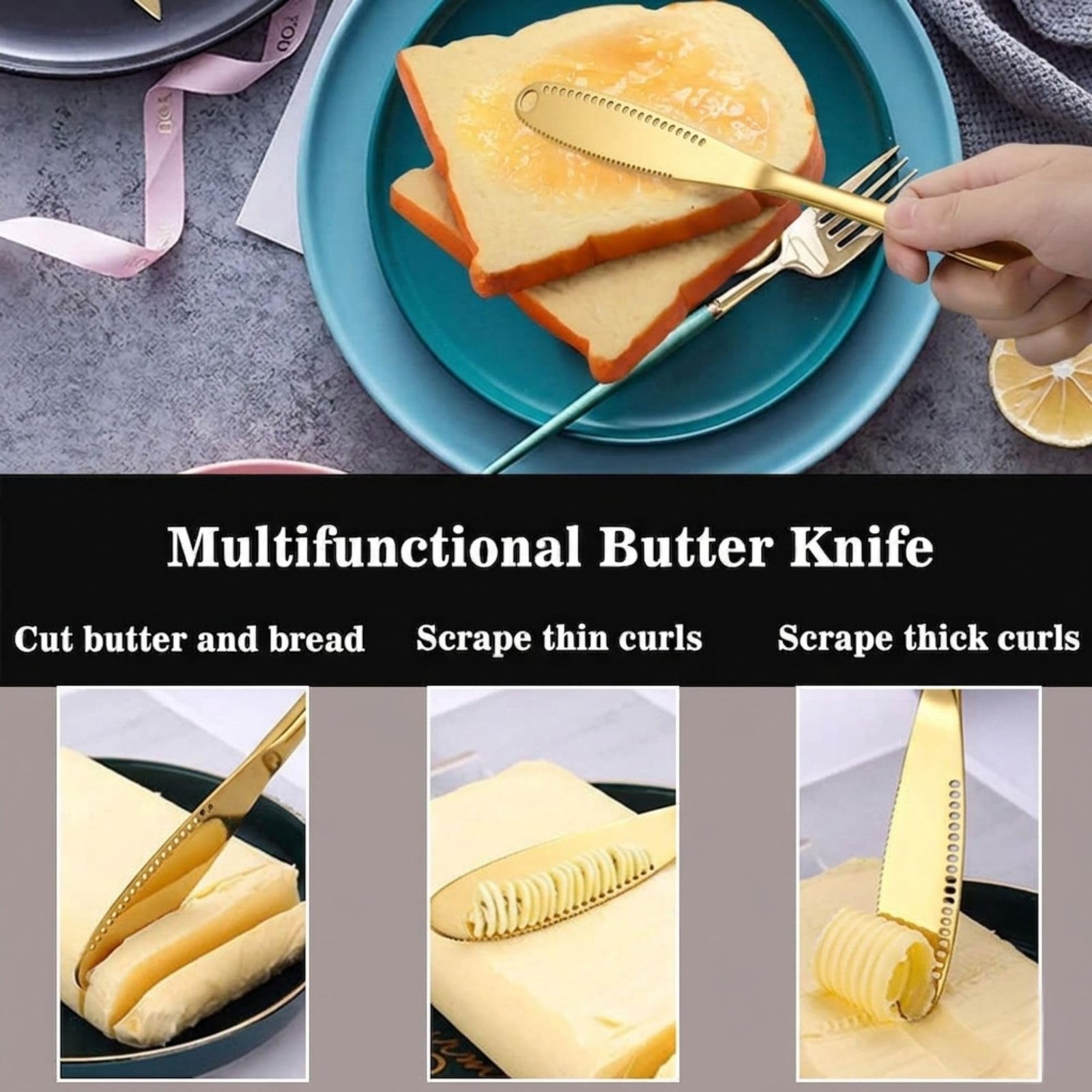 Hian Stainless Steel 3-in-1 Butter Spreader Knife with Serrated Edge and Curling Holes, Cold Butter Slicer for Bread, Toast, Cheese and Jam, Multipurpose Kitchen Spreader (Gold,Pack of 2) - Image 3