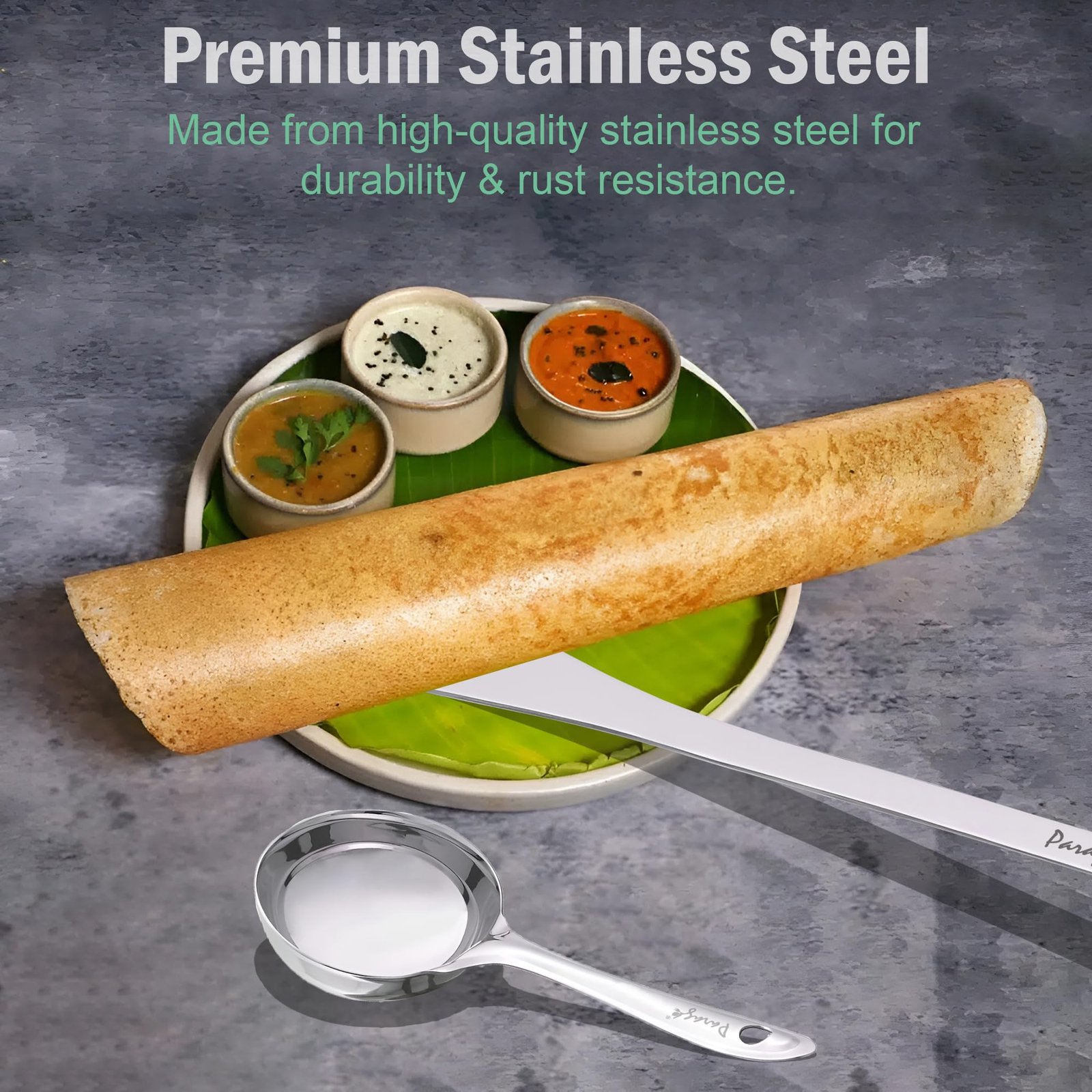 Parage 2 Pieces Stainless Steel Dosa Ladle & Turner/Palta Heavy Gauge | Dosa Making Spoon with Flat Base and Spatula | Kitchen Tools for Cooking (Size-20.5cm, 31.5cm, Silver) - Image 6