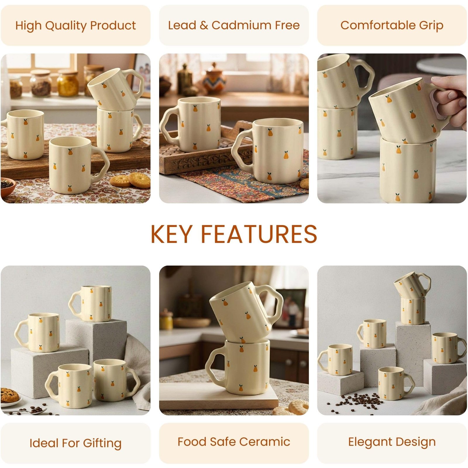 The Earth Store Cream Pear Coffee Mug – 300ML Ceramic Coffee Mugs Set of 2 | Microwave & Dishwasher Safe Mugs for Gift | Home | Office | Restaurant | Daily Use - Image 3