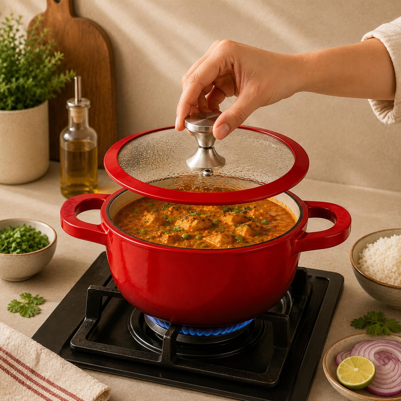 Vinod Freya Cast Iron Saucepot with Glass Lid, 20cm 2L | Enameled Casserole & Dutch Oven | TREON Technology | Iron-Rich Handi for Biryani, Mutton Curry & Pulao | Induction & Gas Compatible Cooking Pot - Image 7