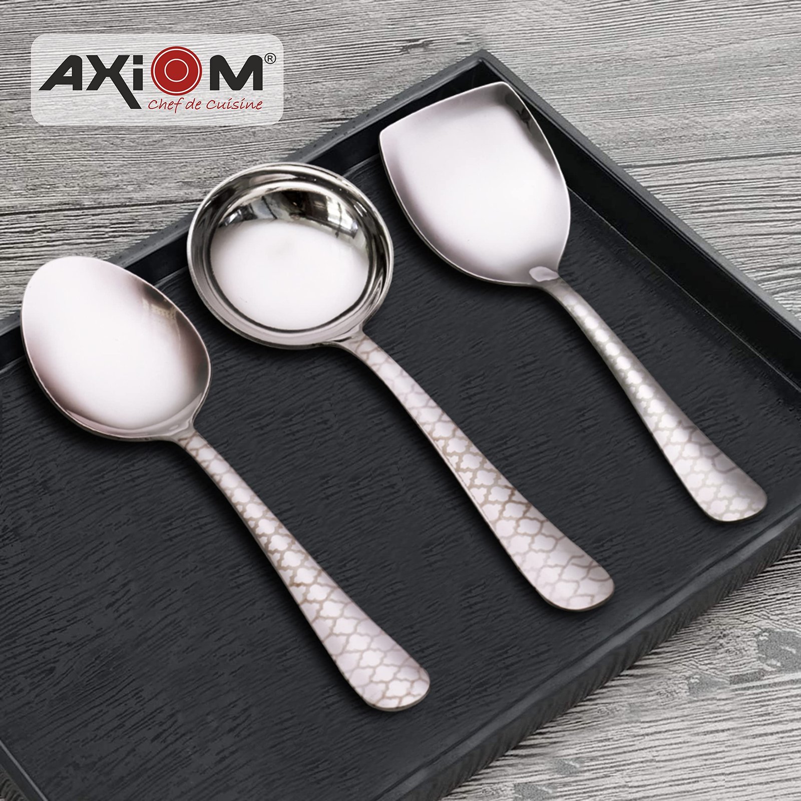 AXIOM Stainless Steel Serving Tools. 4 Pc Heavy Gauge Non-Stick Set Of 1 Soup Ladle (Karchi), 2 Solid Spoon (Chamcha) And 1 Rice Spoon For Serving Soup/Curry/Dal/Rice/Pasta. Laser Printed Neo ,27 Cm - Image 5