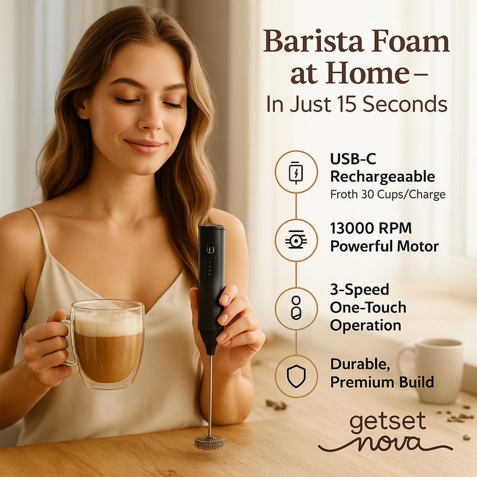 Nova Electric Milk Frother for Coffee - Rechargeable Coffee Frother, Beater, Blender & Mixer | Handheld Coffee Whisker for Cold Coffee, Latte & Cappuccino | Mini Coffee Maker Machine for Home (Black) - Image 4
