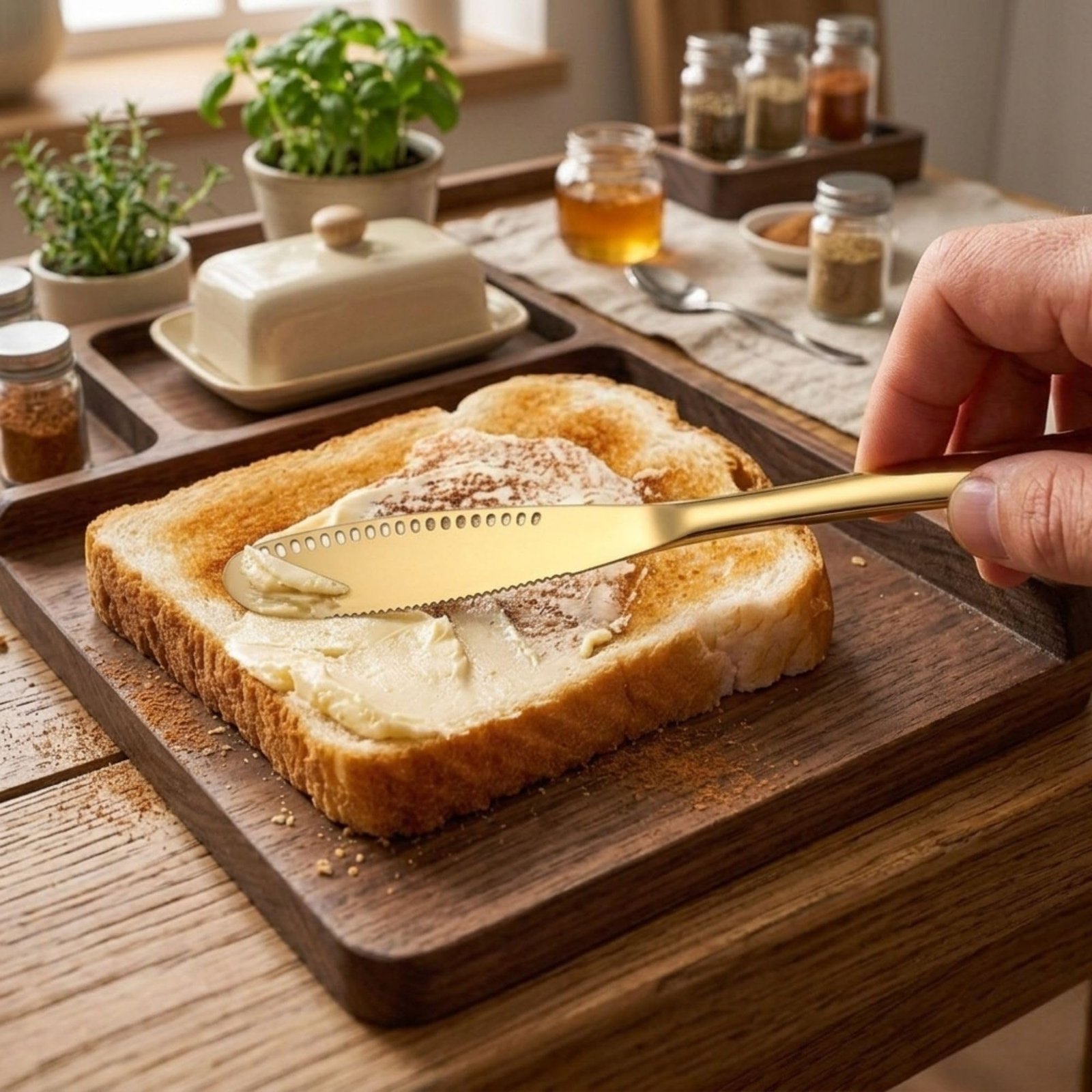 Hian Stainless Steel 3-in-1 Butter Spreader Knife with Serrated Edge and Curling Holes, Cold Butter Slicer for Bread, Toast, Cheese and Jam, Multipurpose Kitchen Spreader (Gold,Pack of 2) - Image 5