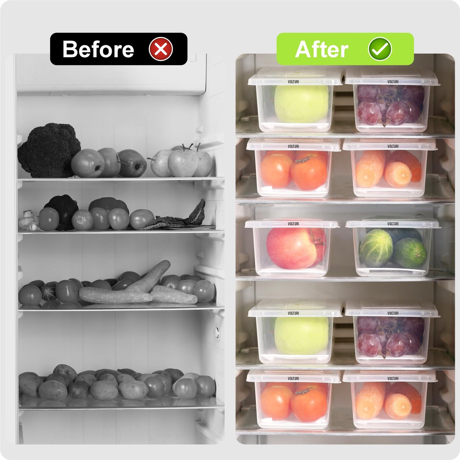 VOLTURI Fridge Storage Containers (Pack of 6), Fridge Organiser Storage Boxes with Removable Drain Plate, Fridge Organizer, Fridge Storage Box Kitchen Containers Keep Fruits Vegetables Fresher 1500 ML - Image 7