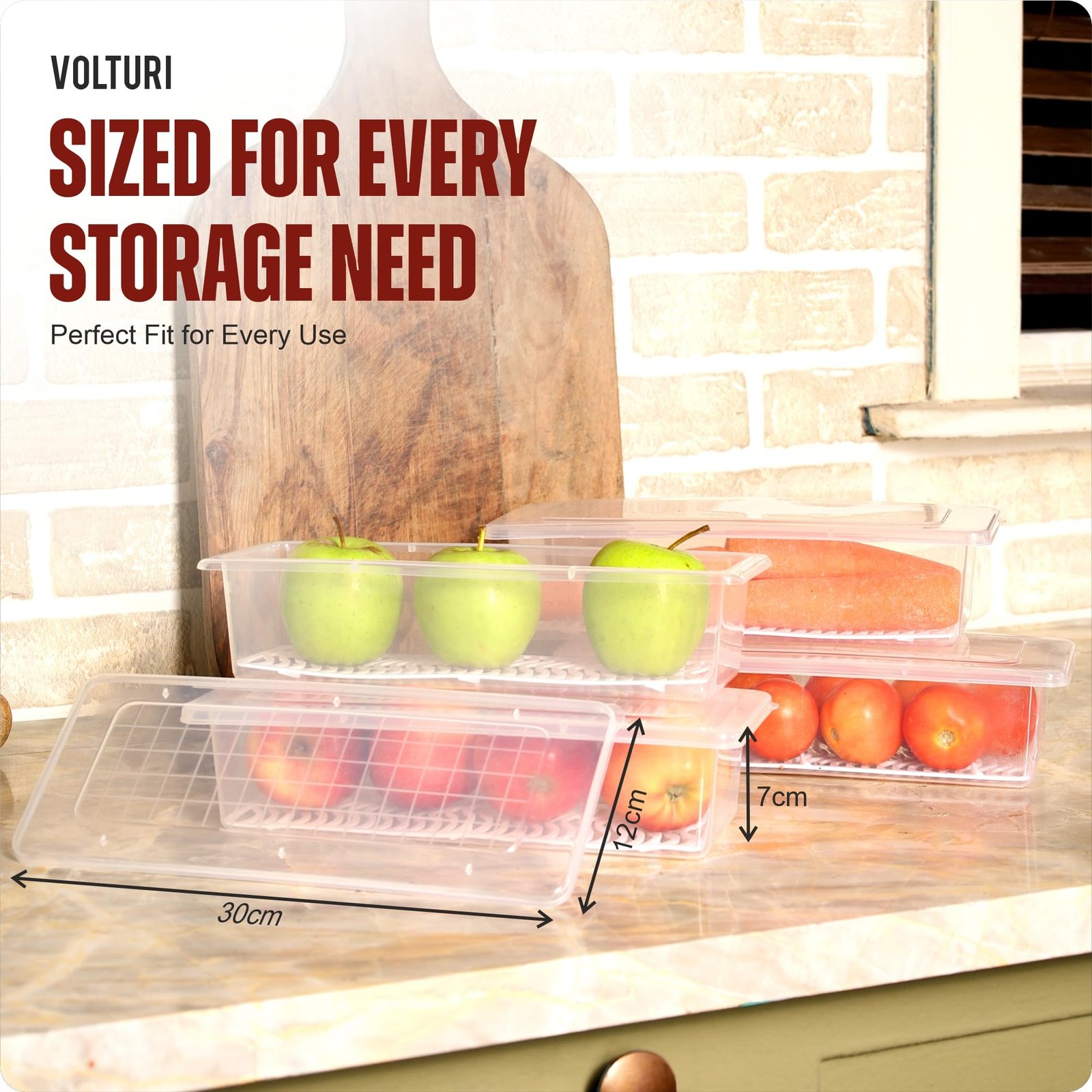 VOLTURI Fridge Storage Containers (Pack of 6), Fridge Organiser Storage Boxes with Removable Drain Plate, Fridge Organizer, Fridge Storage Box Kitchen Containers Keep Fruits Vegetables Fresher 1500 ML - Image 3