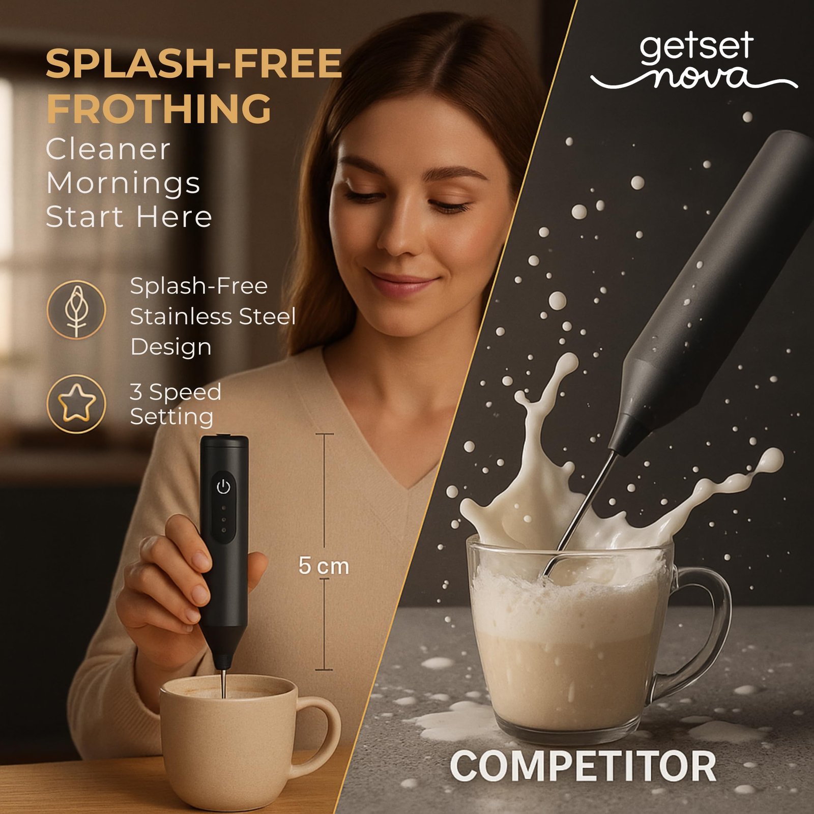 Nova Electric Milk Frother for Coffee - Rechargeable Coffee Frother, Beater, Blender & Mixer | Handheld Coffee Whisker for Cold Coffee, Latte & Cappuccino | Mini Coffee Maker Machine for Home (Black) - Image 3