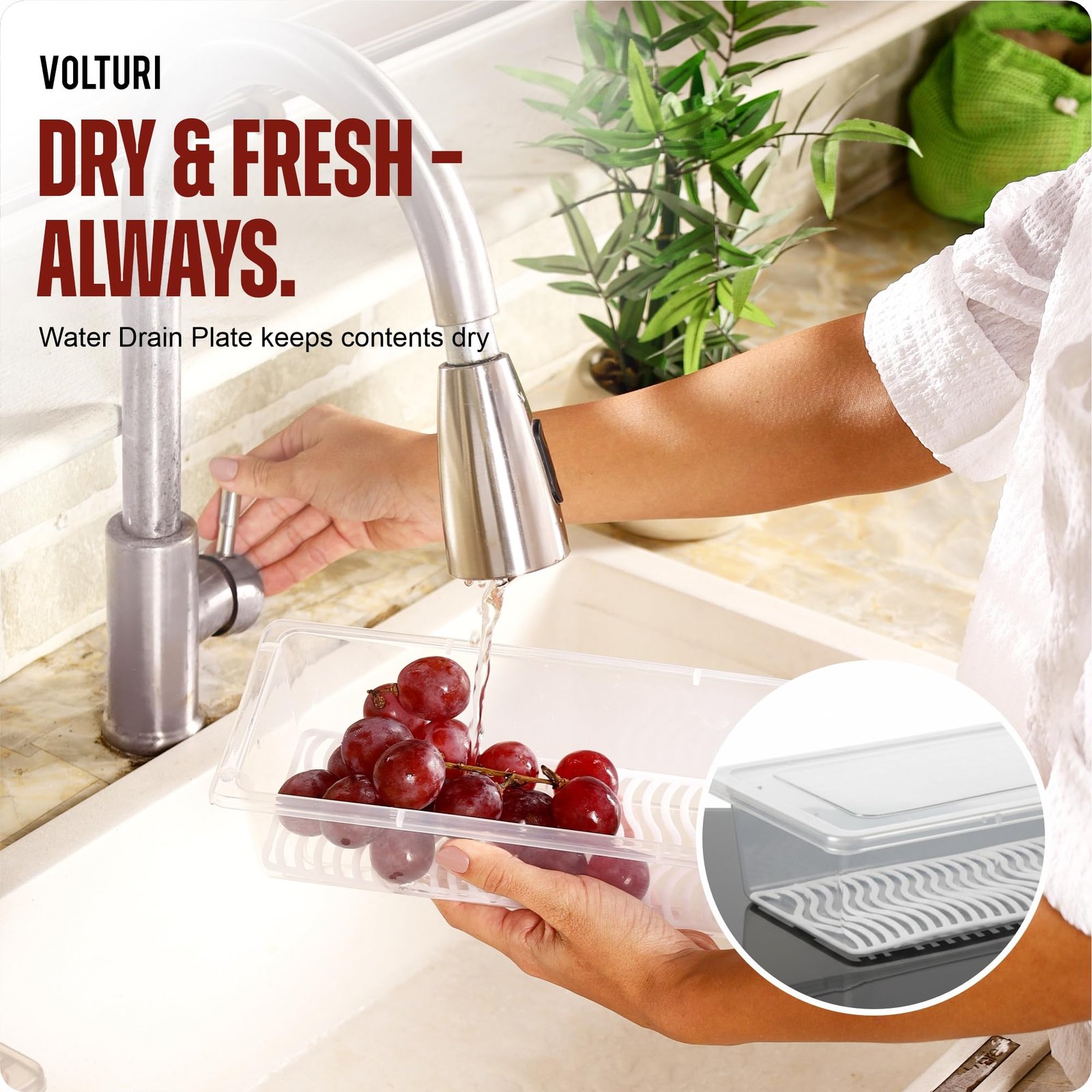 VOLTURI Fridge Storage Containers (Pack of 6), Fridge Organiser Storage Boxes with Removable Drain Plate, Fridge Organizer, Fridge Storage Box Kitchen Containers Keep Fruits Vegetables Fresher 1500 ML - Image 4
