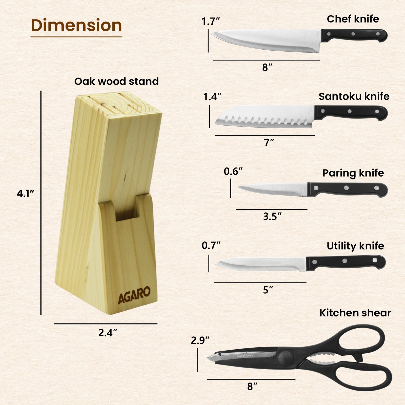 AGARO Galaxy 6 Pcs Kitchen Knife Set, 4 Knives, 1 Scissor, 1 Wooden Case, High Carbon Stainless Steel, Non-Slip Triple Rivet Strong Handle, Cooking, Cutting, Slicing, Home & Restaurant Use, Silver - Image 7