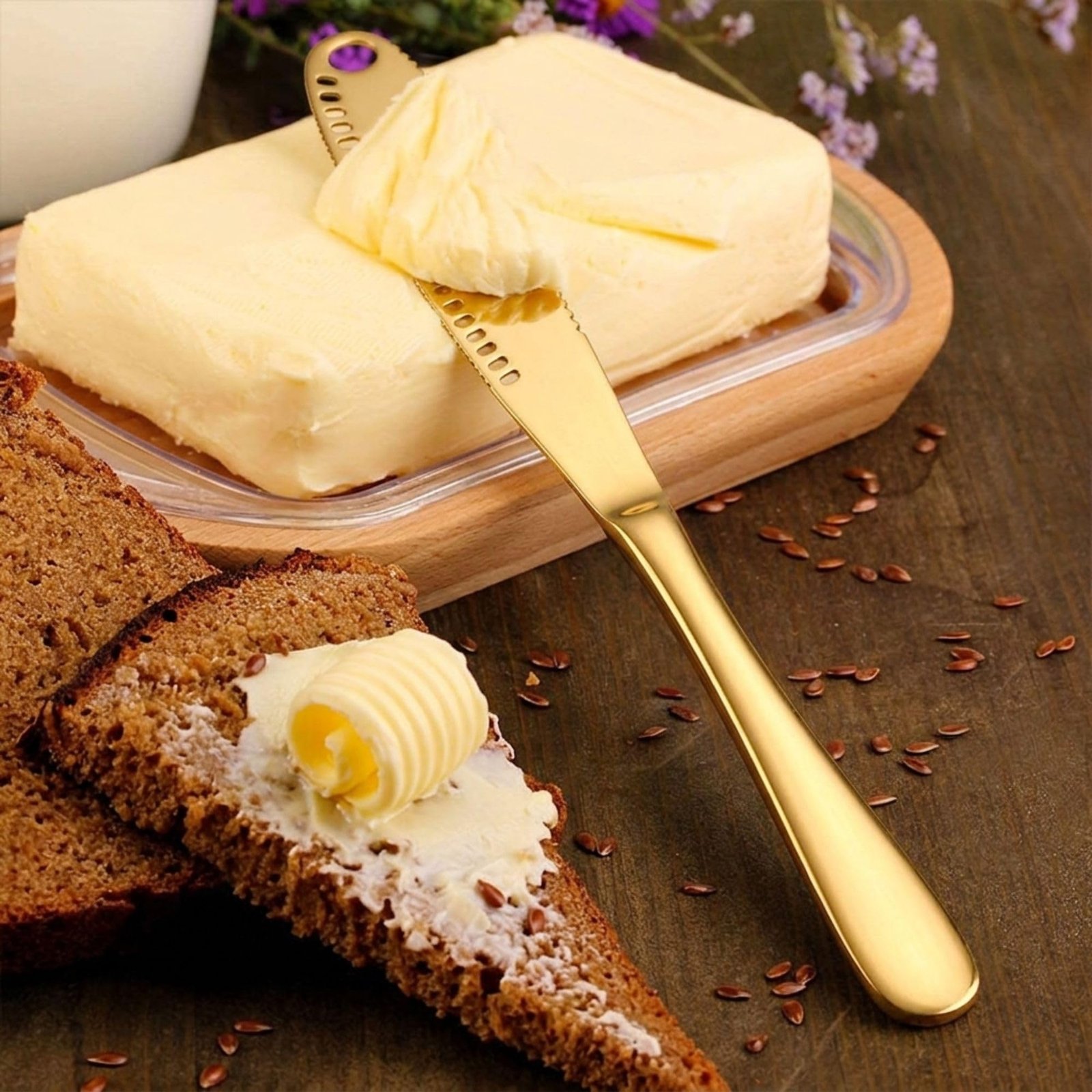 Hian Stainless Steel 3-in-1 Butter Spreader Knife with Serrated Edge and Curling Holes, Cold Butter Slicer for Bread, Toast, Cheese and Jam, Multipurpose Kitchen Spreader (Gold,Pack of 2) - Image 8